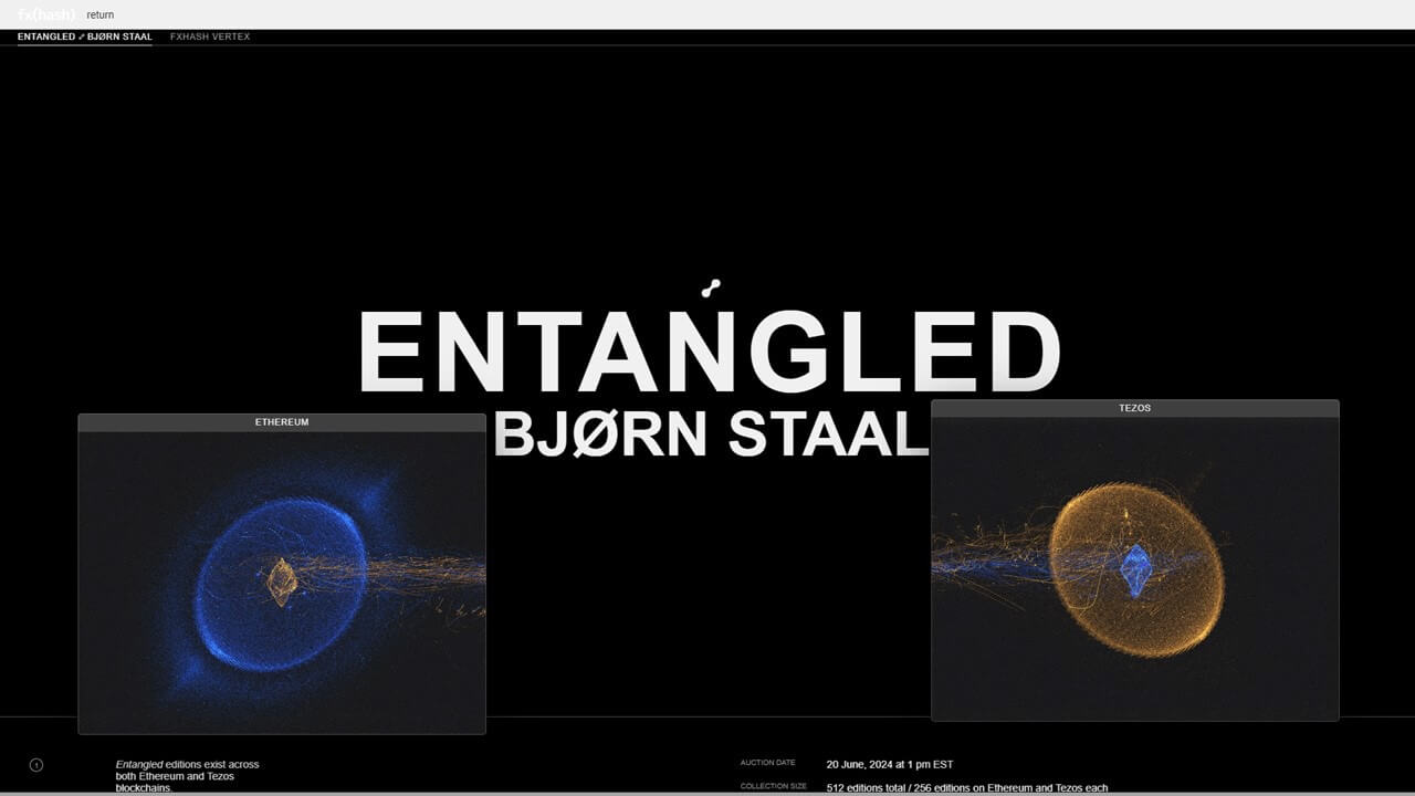 《Entangled》在fxhash Vertex的呈現（圖片是動態的，取自fxhash）。