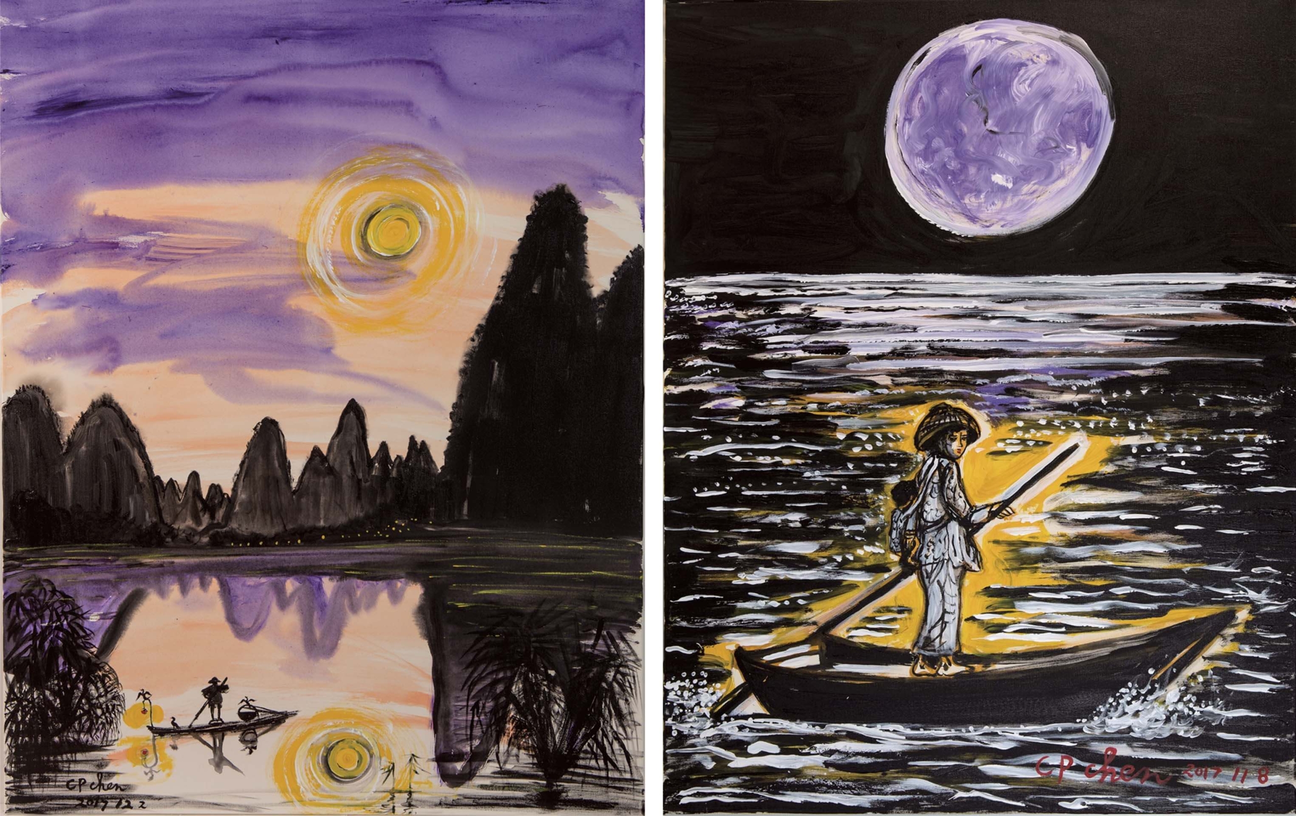 左：陳持平，《人生如夢，一尊還酹江月。（宋‧蘇軾）》，丙烯顏料，116.7×91 cm，2017年。（陳持平藝廊提供）右：陳持平，《海上生明月，天涯共此時。（唐‧張九齡）》，丙烯顏料，116.7×91 cm，2017年。（陳持平藝廊提供）