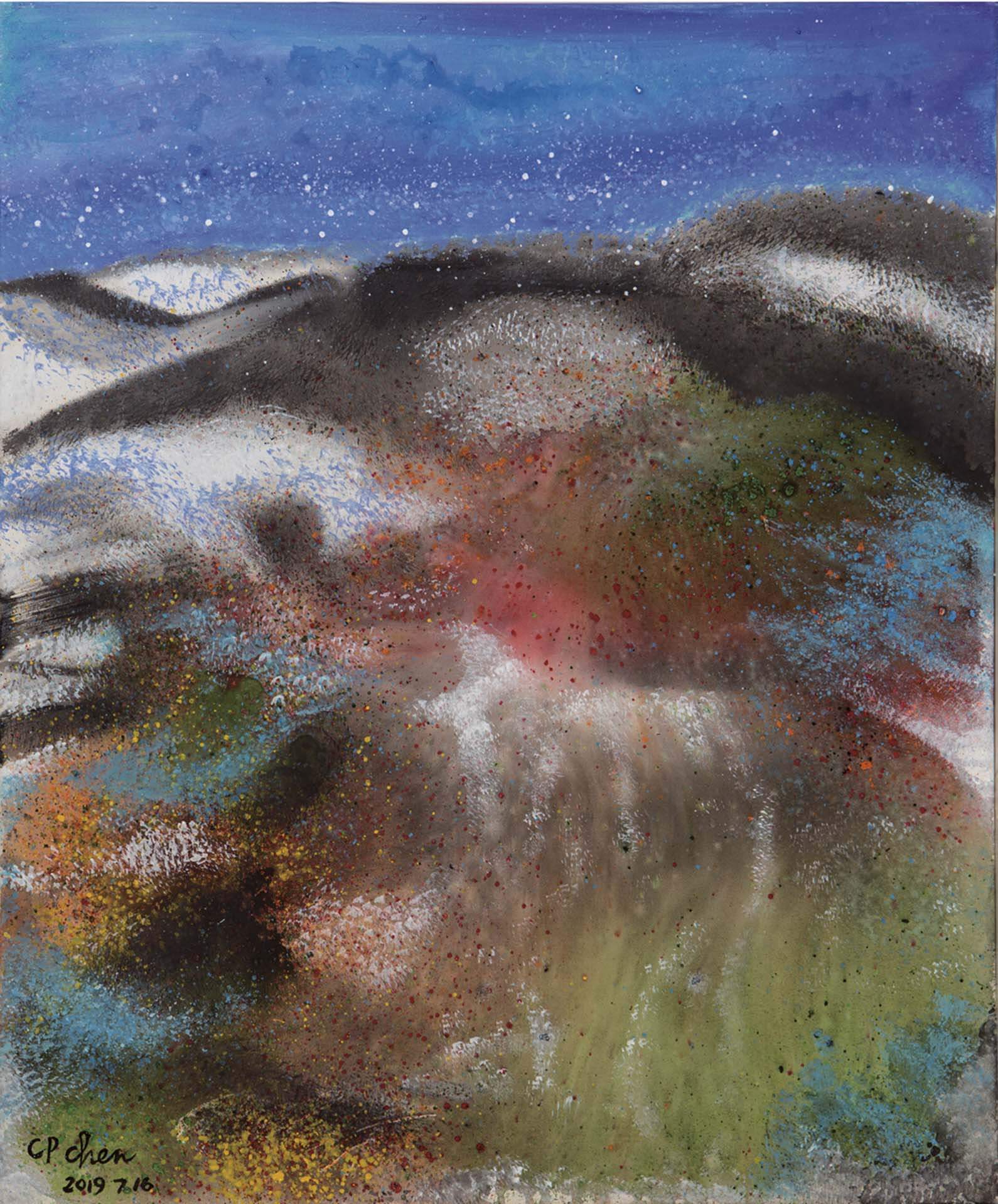 陳持平，《採菊東籬下，悠然見南山。（東晉‧陶淵明）》，丙烯顏料，72.7×60.6 cm，2019年。（陳持平藝廊提供）