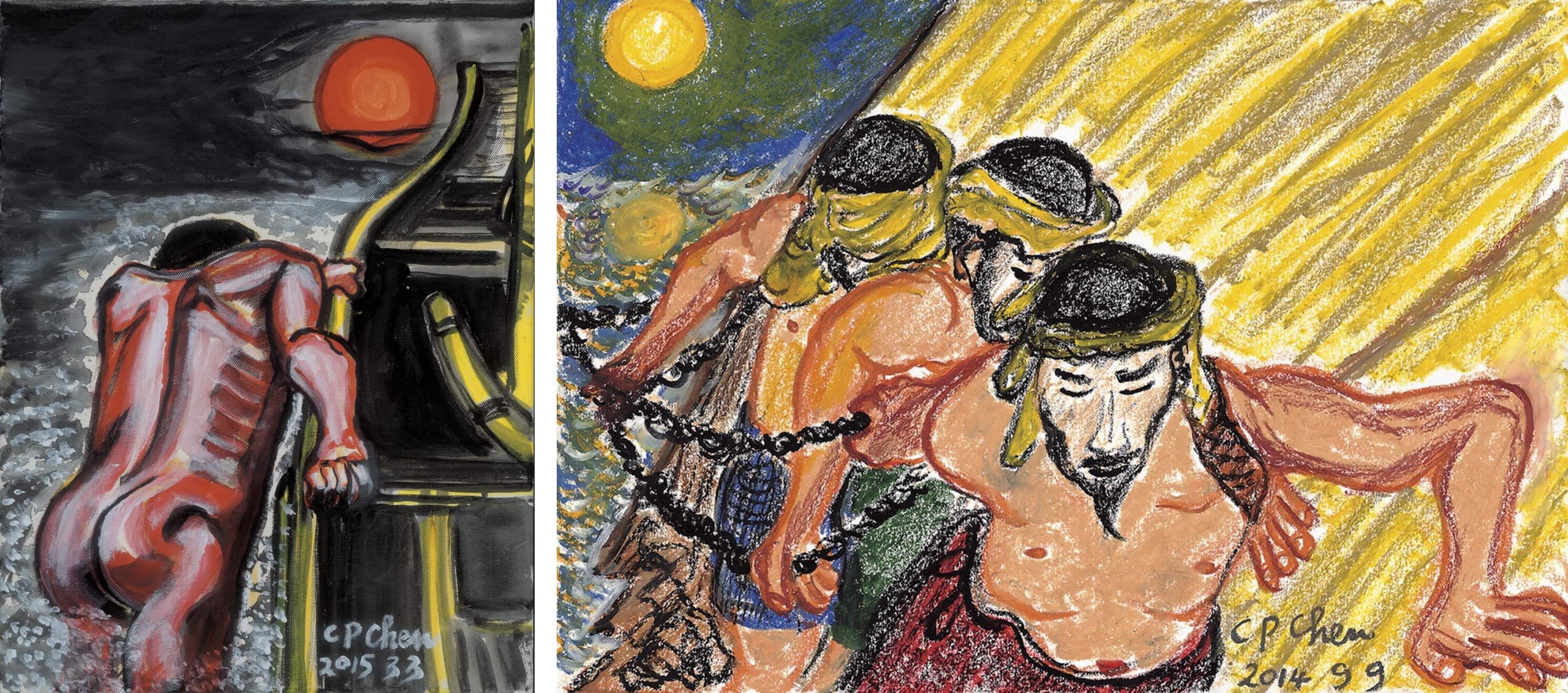 左：陳持平，《加油！》，丙烯顏料，41×31.5cm，2015年。（陳持平藝廊提供）右：陳持平，《加油！》，粉蠟筆，39×26.5 cm，2014年。（陳持平藝廊提供）