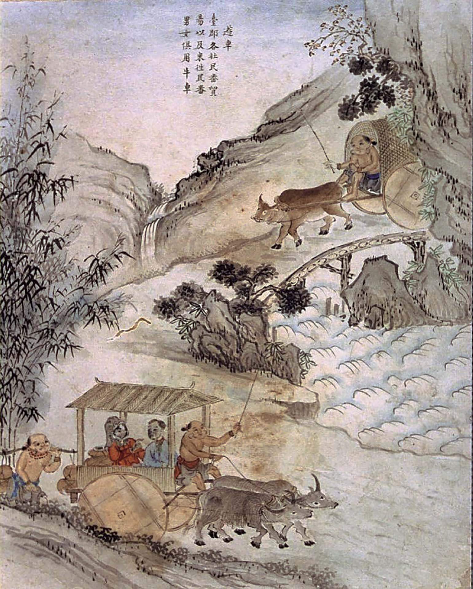 清乾隆《番社采風圖》冊之〈遊車〉，紙本設色，40.5×29.5公分，中央研究院歷史語言研究所藏。圖引自杜正勝題解《番社采風圖》，臺北：中央研究院歷史語言研究所出版，1998。