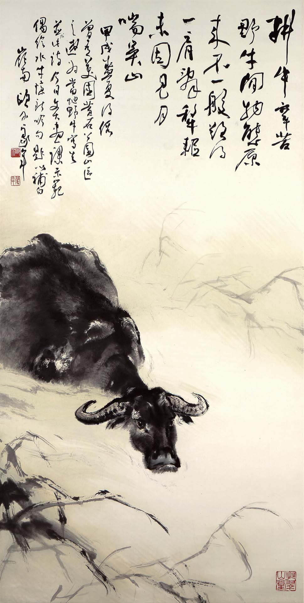 歐豪年1994年作〈浴牛〉，紙本淺設色，136×69公分。「御風而行」展品。