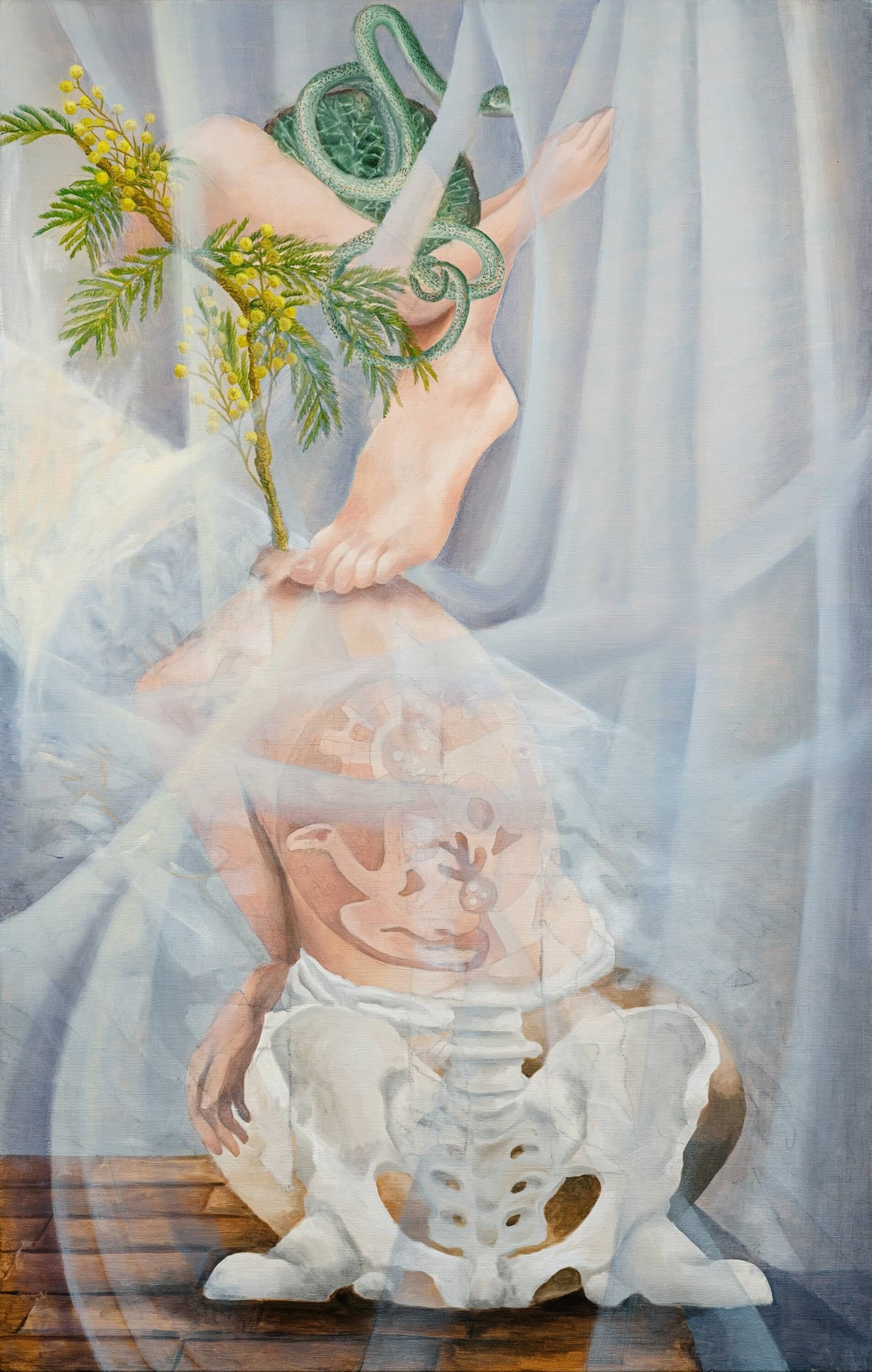 許尹齡，《如果精神是一種花器》，2024，油彩、麻布，140×90cm。（就在藝術空間提供）