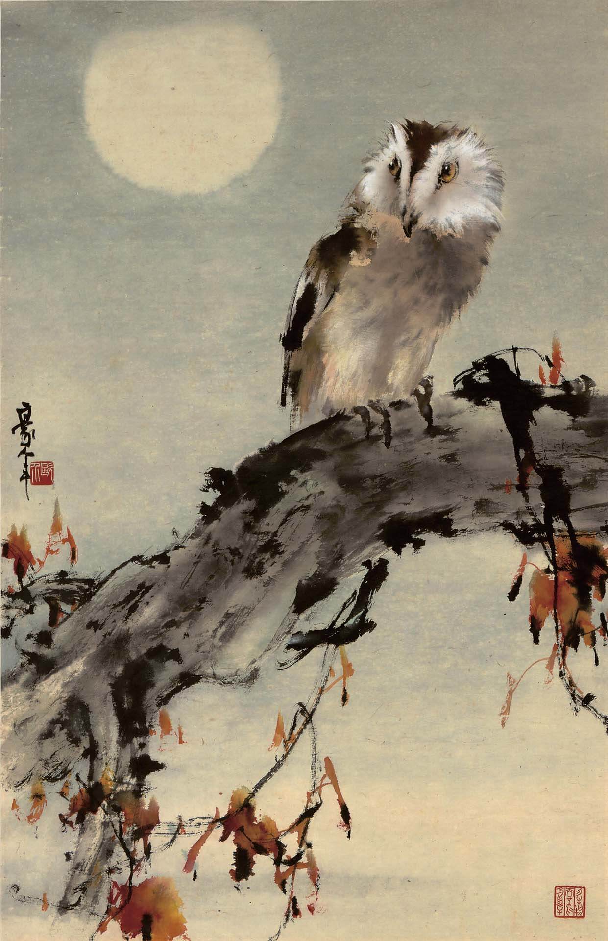 歐豪年1987 年〈夜鴞〉，紙本設色，84×54公分。「御風而行」展品。