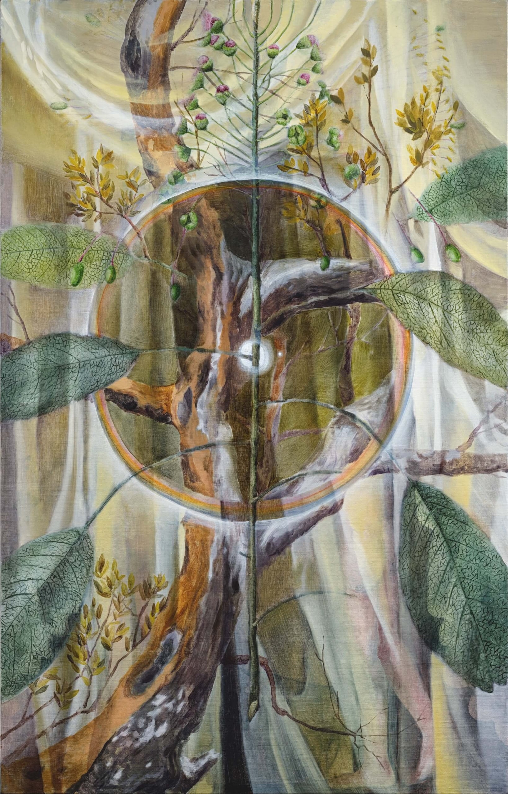 許尹齡，《我們再去看一下那棵樹》，2024，油彩、麻布，140×90cm。（就在藝術空間提供）