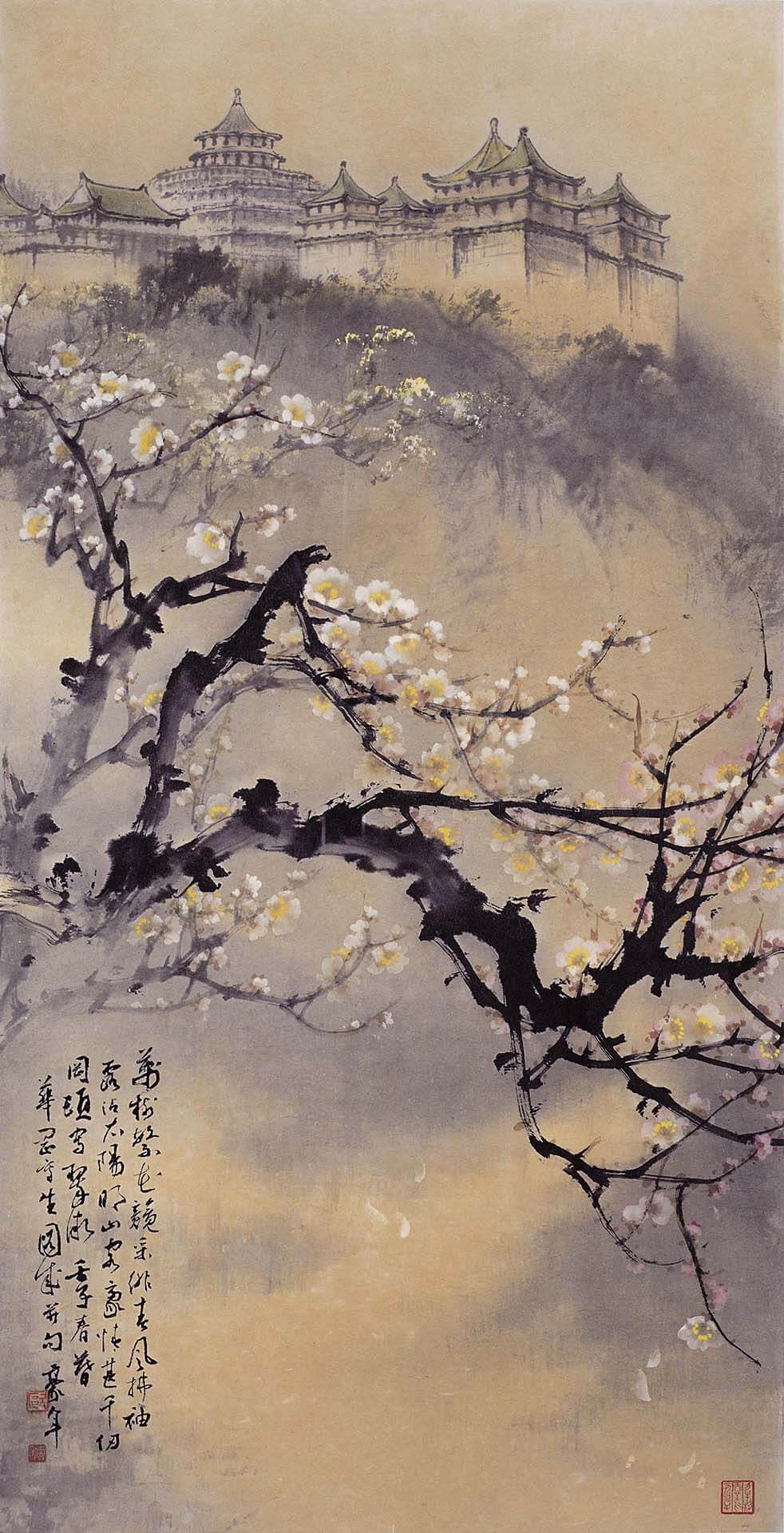 歐豪年1972年作〈校景與梅華〉，紙本設色，132×66公分。