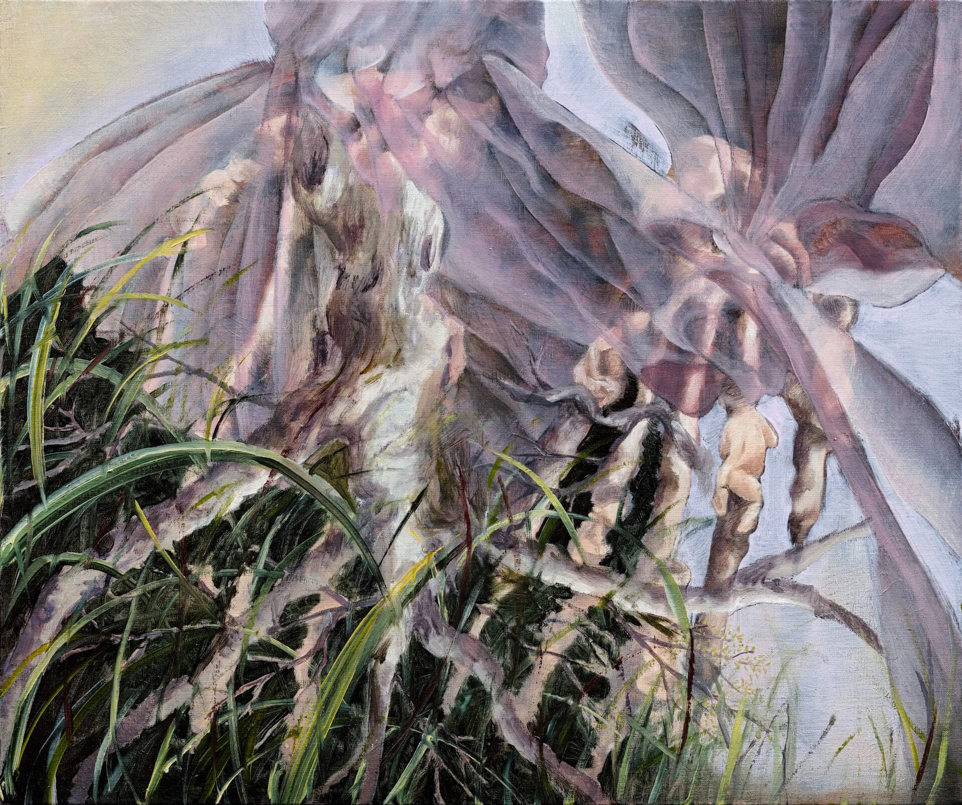 許尹齡，《黑暗我又來找妳聊聊了》2024，油彩、麻布，62×70cm。（就在藝術空間提供）