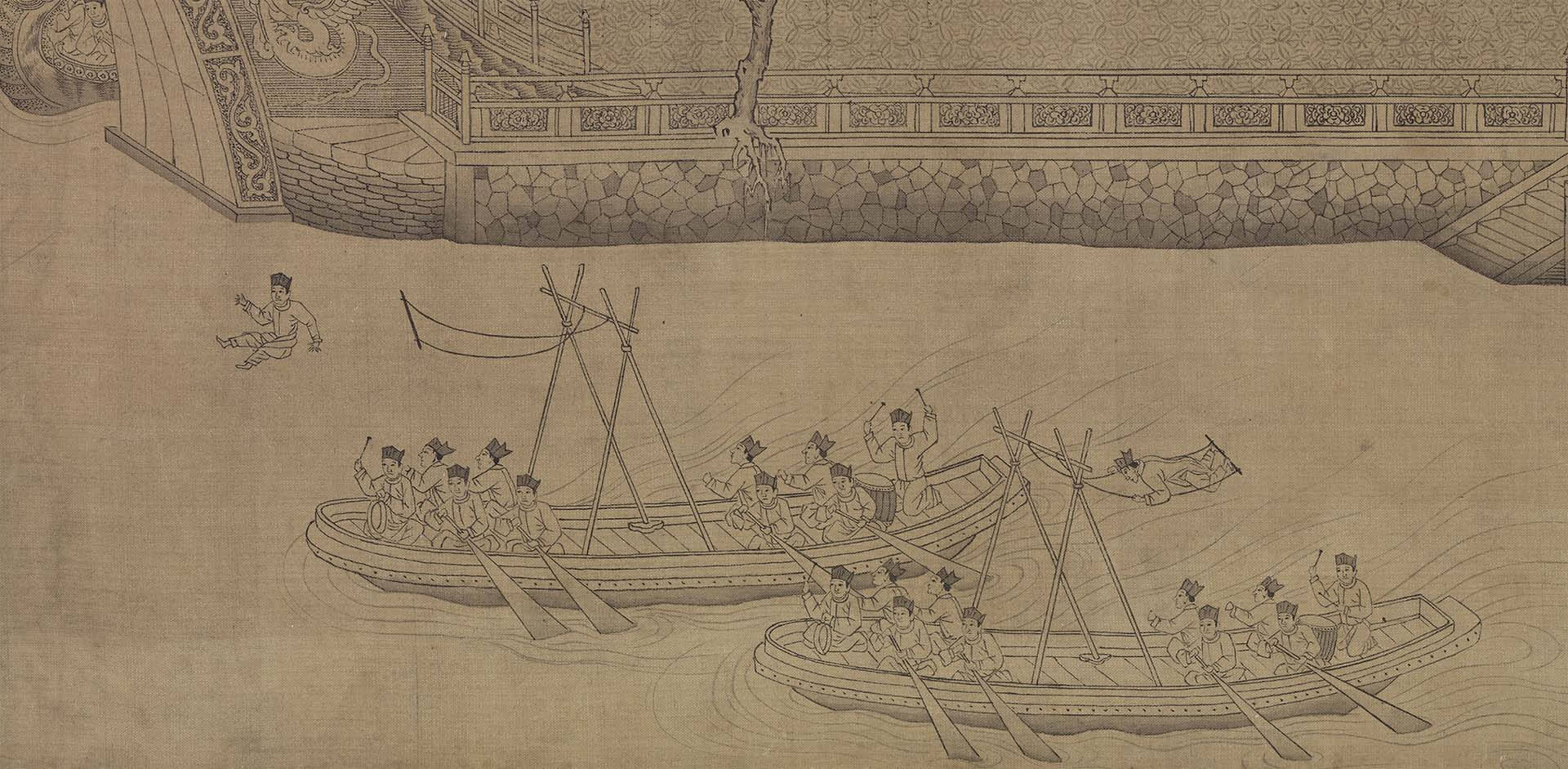 元 王振鵬〈龍池競渡圖〉局部，絹本水墨，30.2×243.8公分，國立故宮博物院藏。©國立故宮博物院Open Data