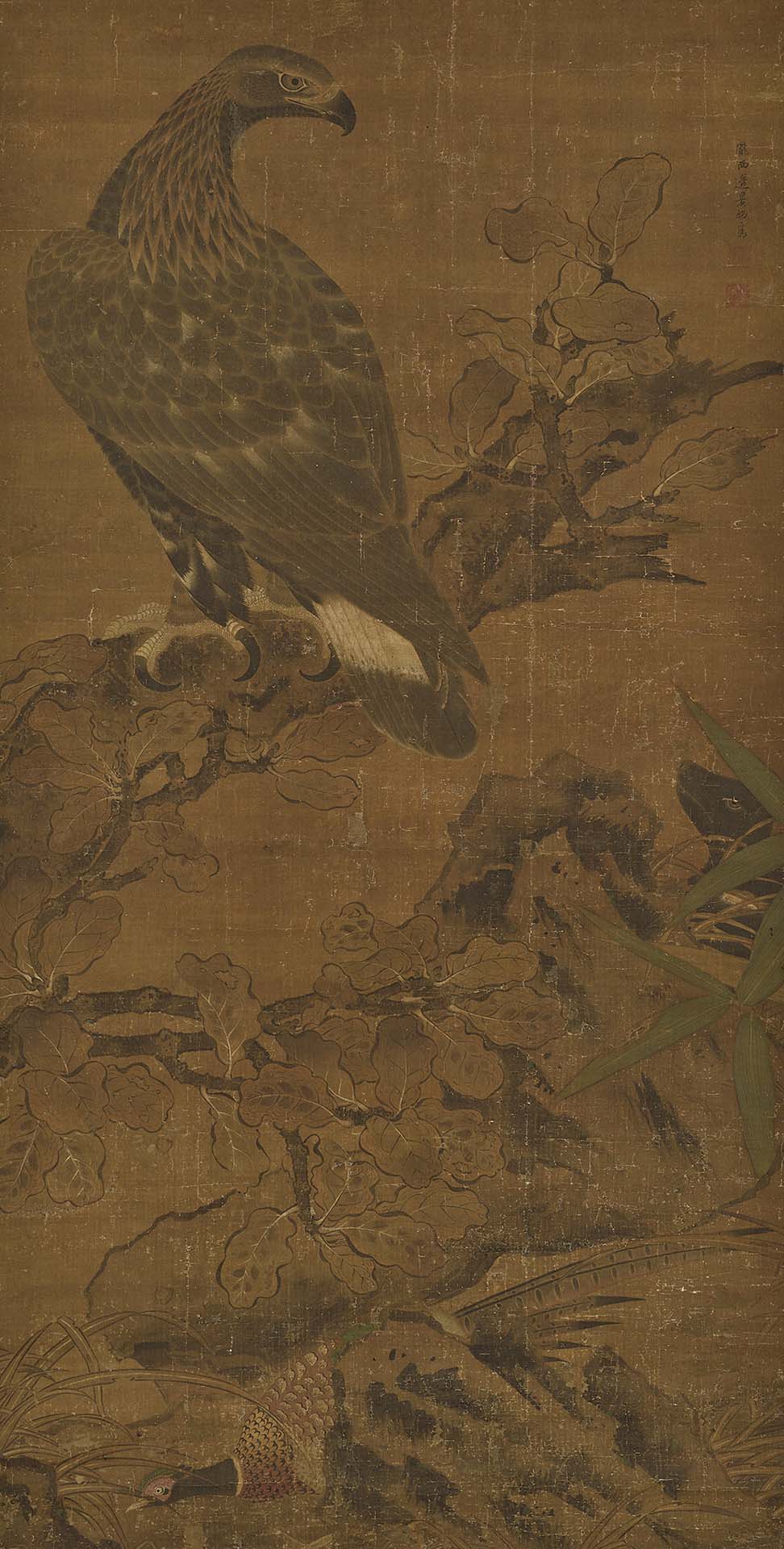 圖5 明 邊文進〈柏鷹圖〉，絹本設色，145.7×74公分，橋本末吉舊藏，橋本太乙捐贈，東京國立博物館藏。
