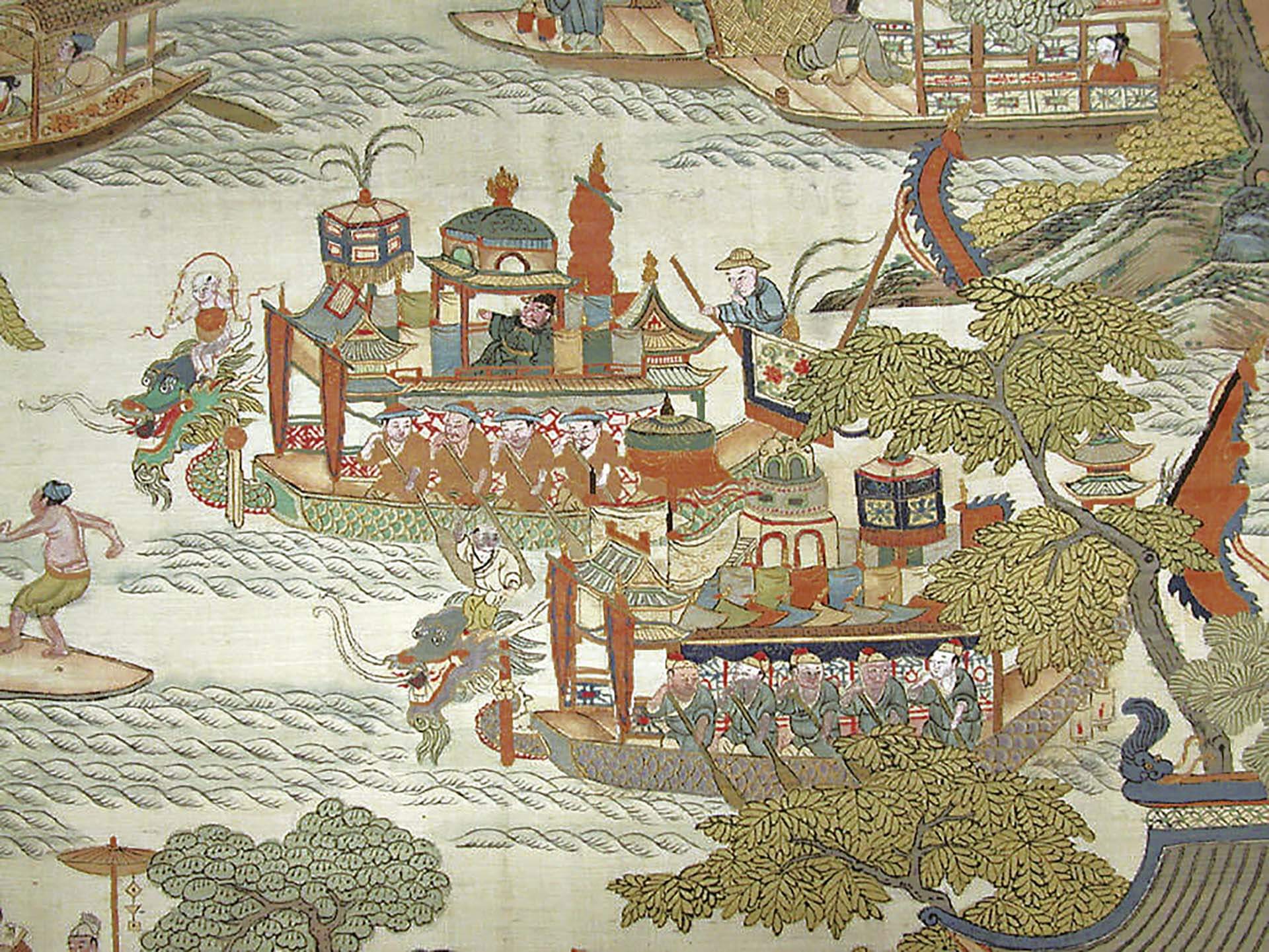 清 〈緙絲龍舟競渡圖〉局部，76.2×108公分，紐約大都會博物館。©Public Domain