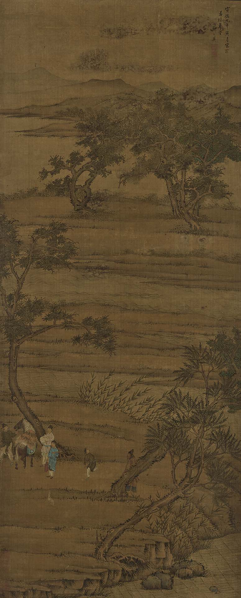 圖6 明 鄭文英〈山水人物圖〉，絹本水墨淡彩，127.3×51.5公分，橋本末吉舊藏，橋本太乙捐贈，東京國立博物館藏。