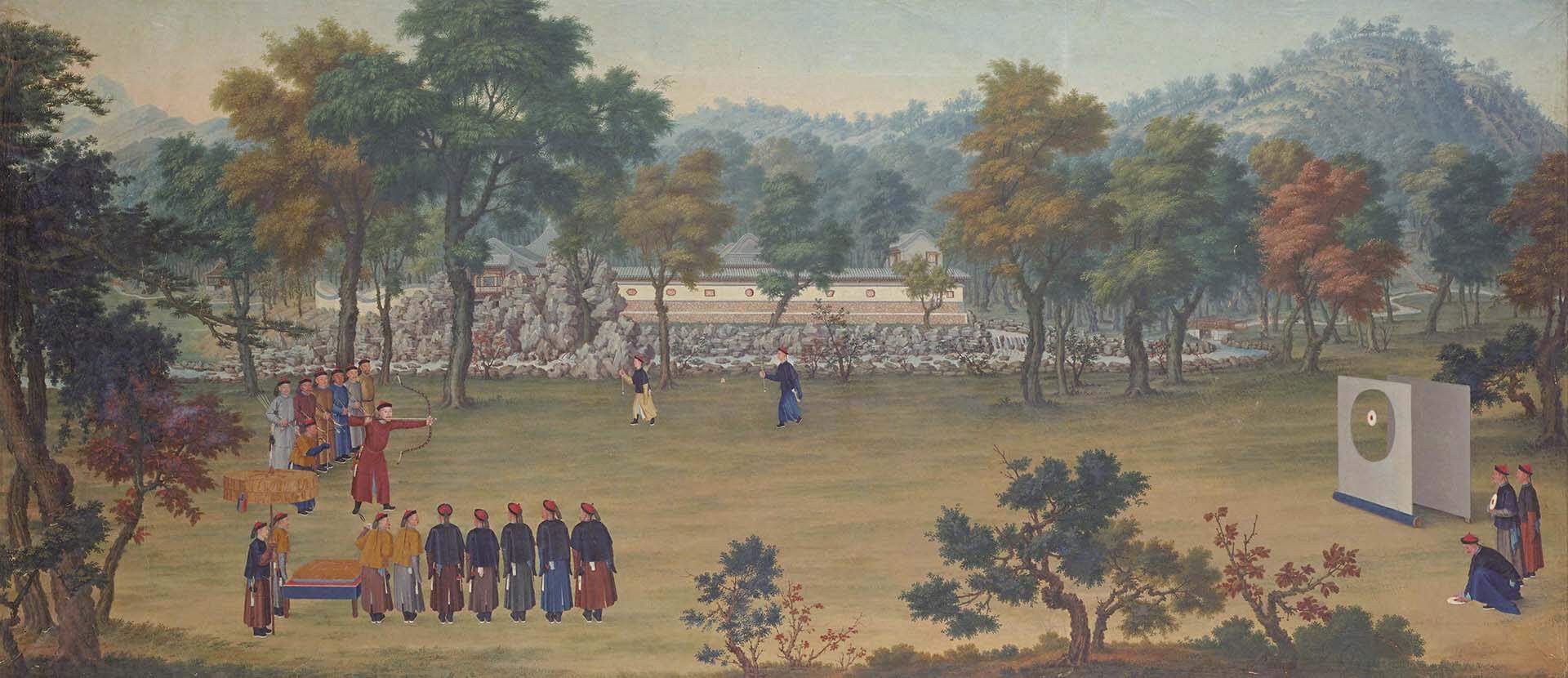 清 王致誠〈乾隆射箭圖屏〉，紙本油畫，95×213.7公分，北京故宮博物院藏。©Public Domain