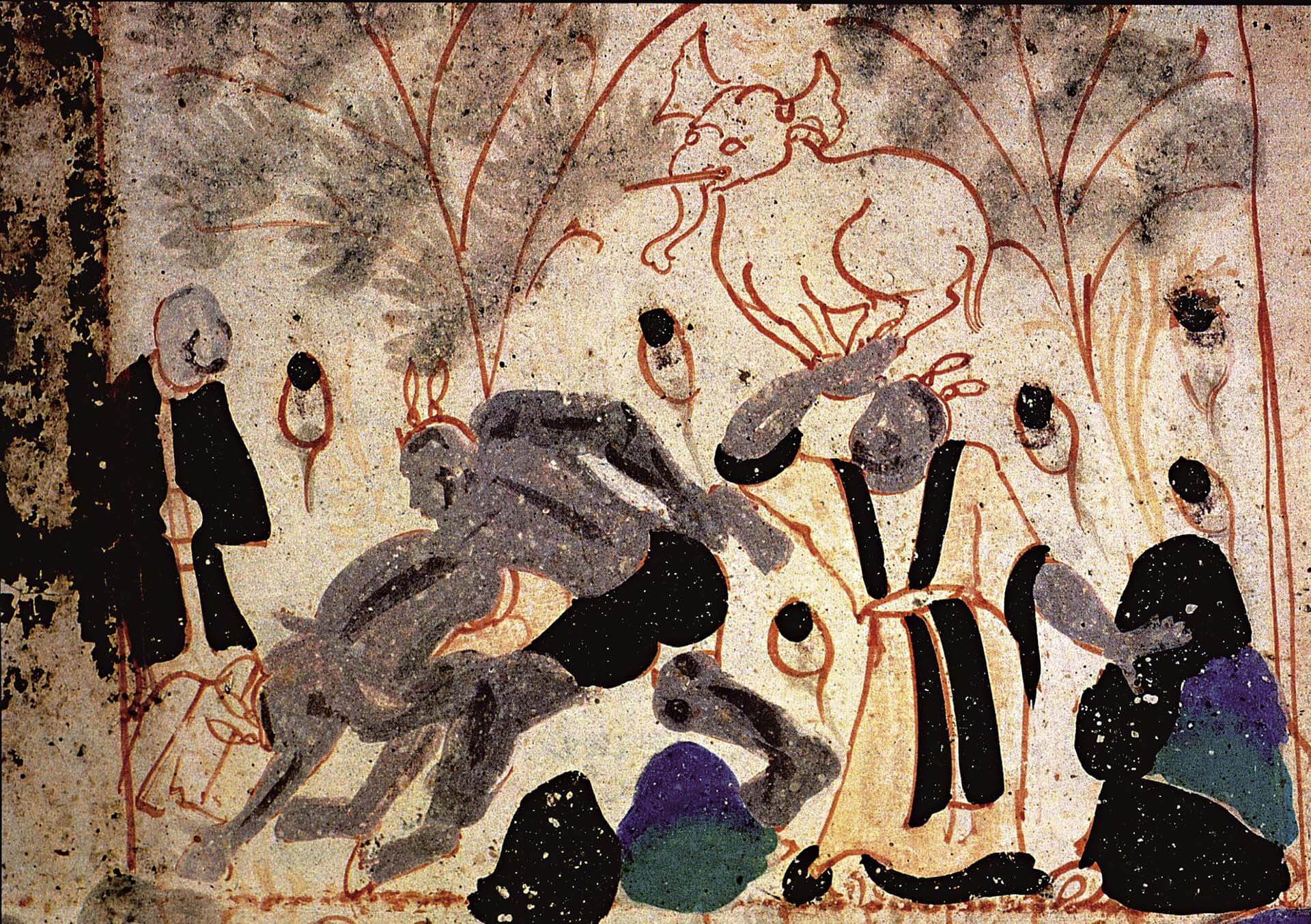 北周〈相撲圖〉，敦煌290窟壁畫局部。圖引自敦煌研究院、江蘇美術出版社編《敦煌莫高窟第二九〇窟（北周）》，江蘇：江蘇美術出版社，1994，頁77-76。