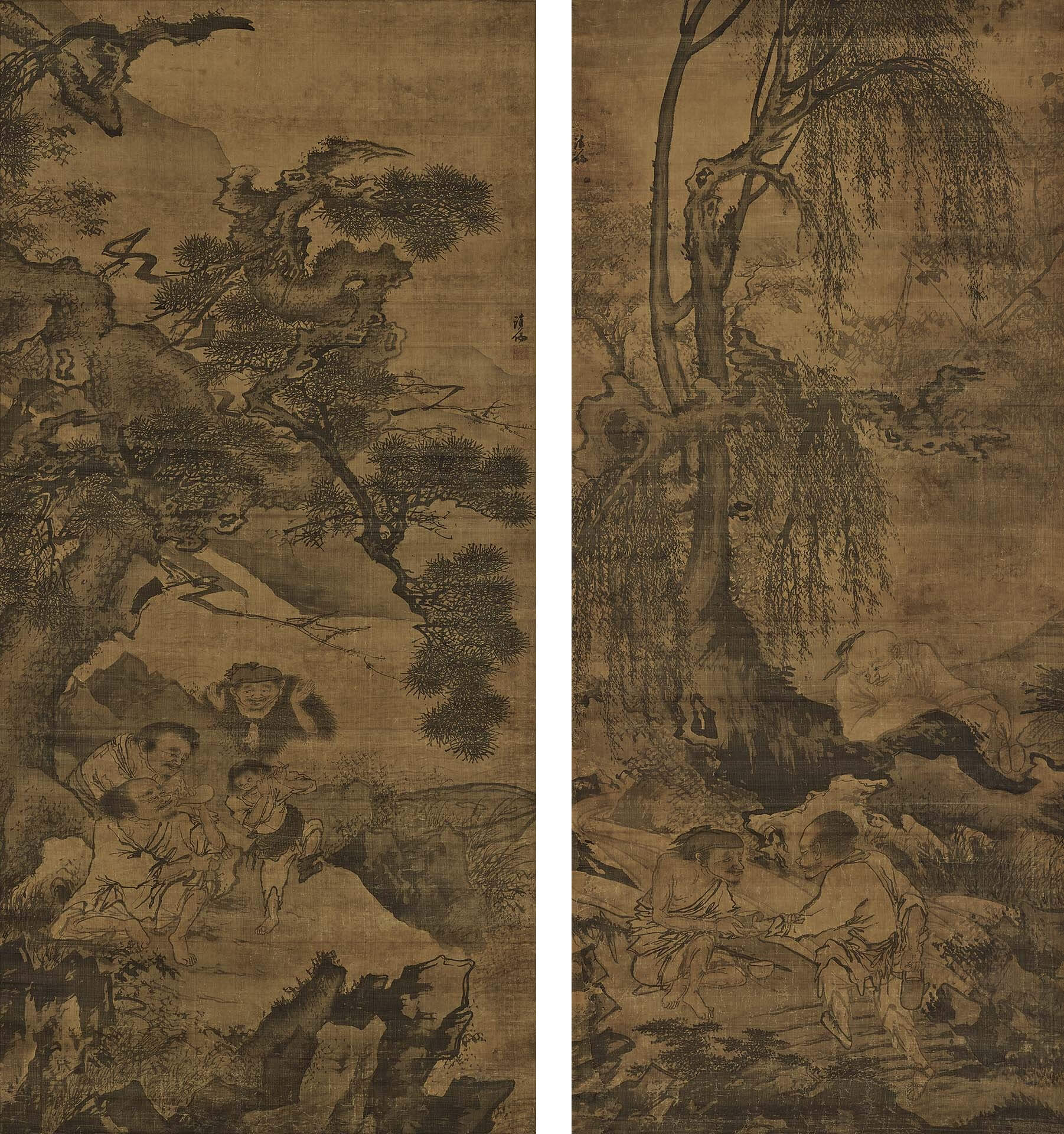 左：圖10 明 鄭文林〈漁童吹笛圖〉，絹本水墨淡彩，162.7×76.7公分，橋本末吉舊藏，橋本太乙捐贈，東京國立博物館藏。右：圖11 明 鄭文林〈柳蔭人物圖〉，絹本水墨淡彩，161×70公分，橋本末吉舊藏，橋本太乙捐贈，東京國立博物館藏。