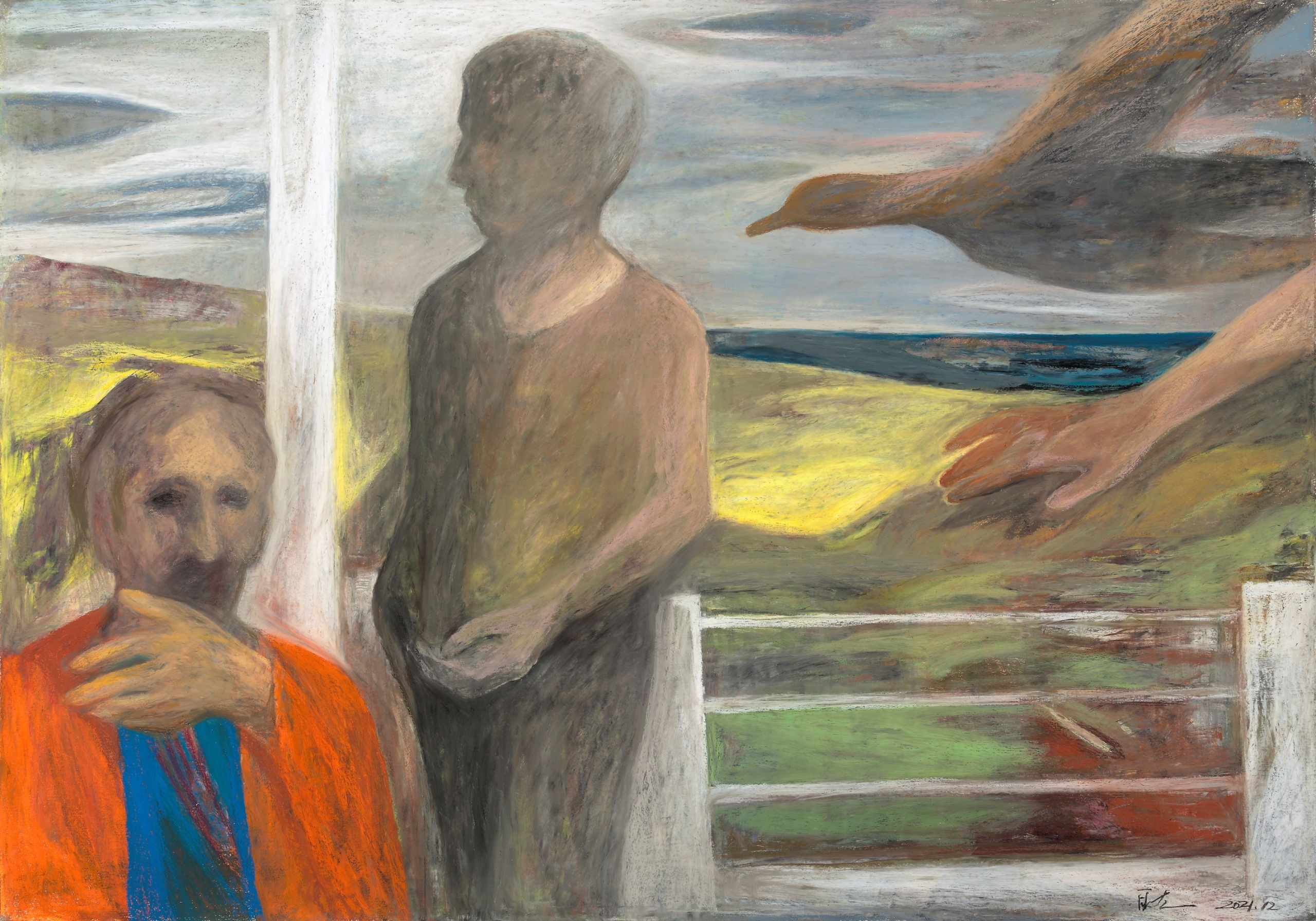劉耿一，《過境的鳥﹐V》，油性粉彩、紙，114×162.3cm，2021。（曾雅雲提供）