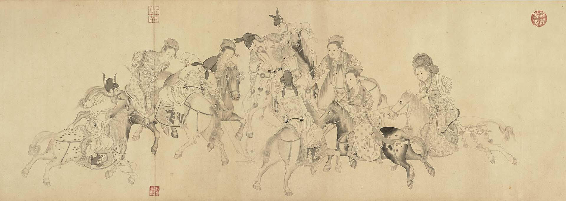 清 丁觀鵬〈畫唐明皇擊鞠圖〉局部，紙本水墨，35.6×251.9公分，國立故宮博物院藏。©國立故宮博物院Open Data
