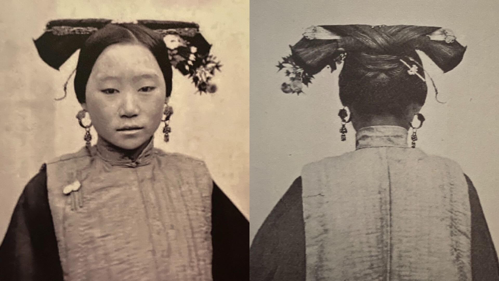 清代梳兩把頭的婦女，為1869-1872年間蘇格蘭攝影師約翰．湯姆生拍攝。（現場翻攝／朱佑霖）