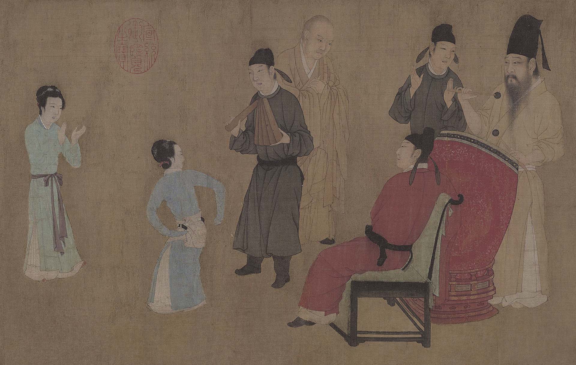 五代 顧閎中〈韓熙載夜宴圖〉局部，宋摹本，絹本設色，28.7×335.5公分，北京故宮博物院藏。©Public Domain
