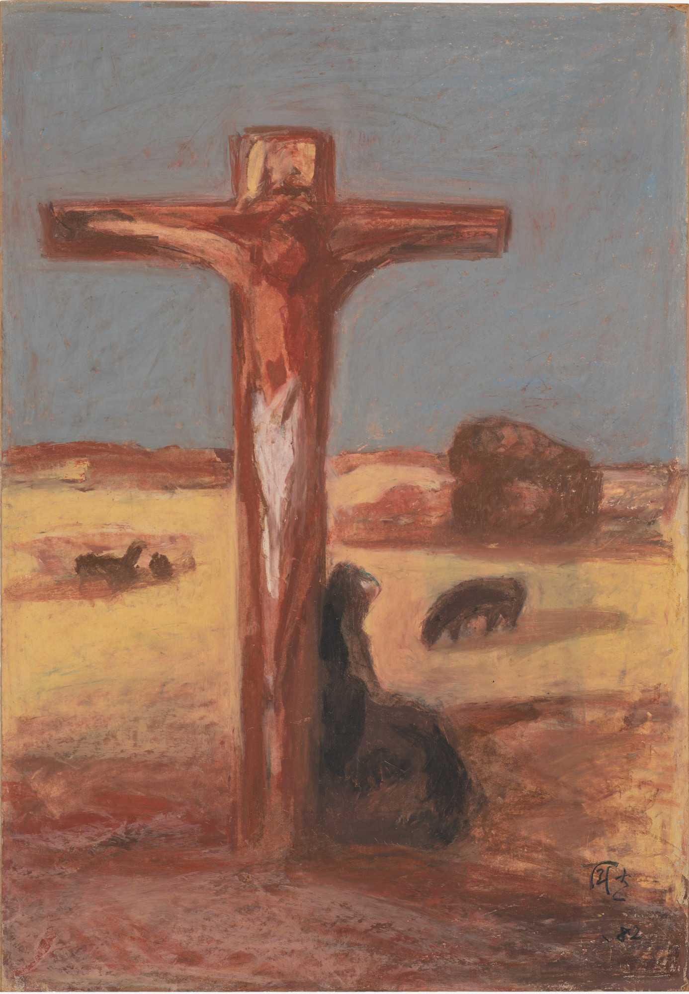 劉耿一，《殉難圖》，油性粉彩、紙，75.5x50cm，1982。（展出於「青春印記」中，宏葉藝術基金會提供）