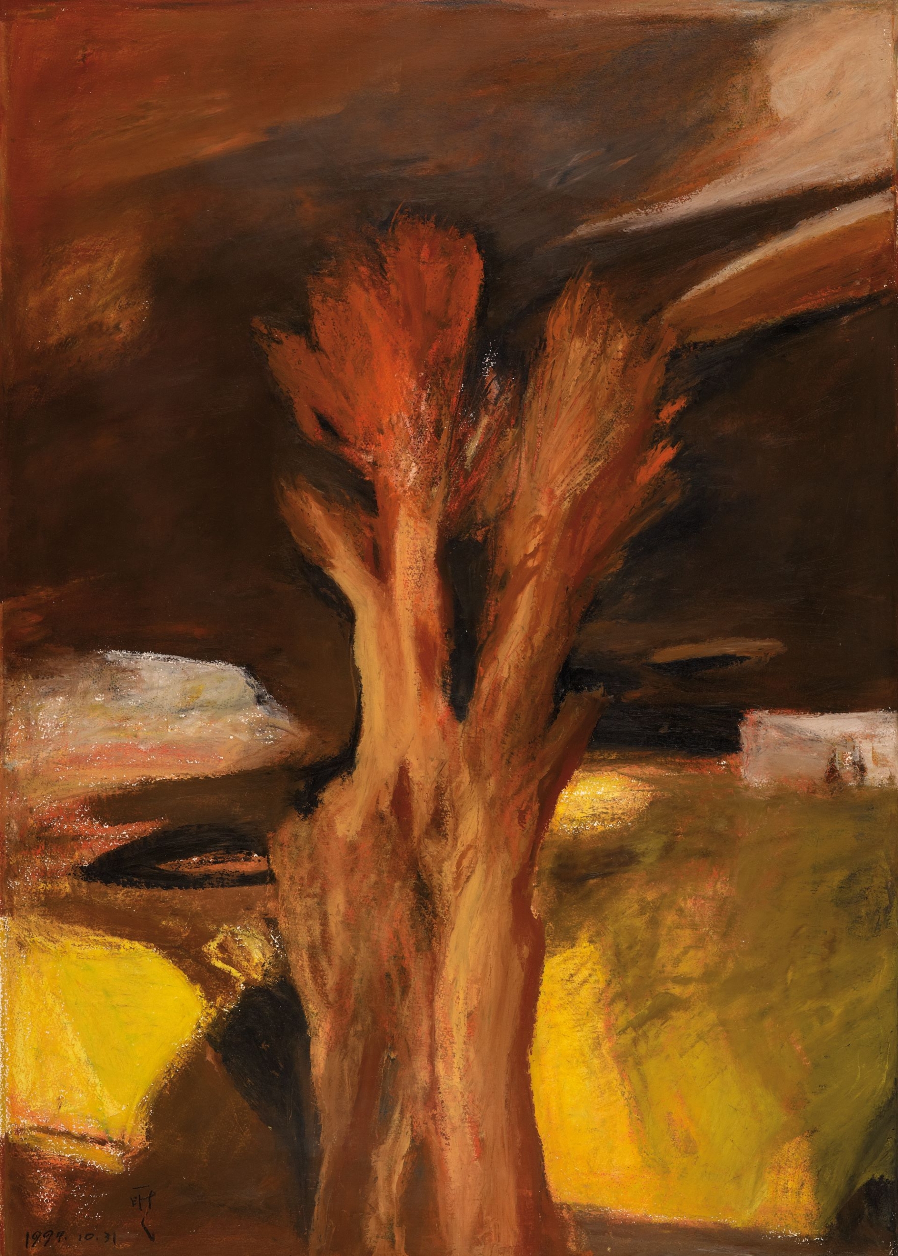 劉耿一，《木麻黃的黃昏》，油性粉彩、紙，103×73.5cm，1997。（曾雅雲提供）