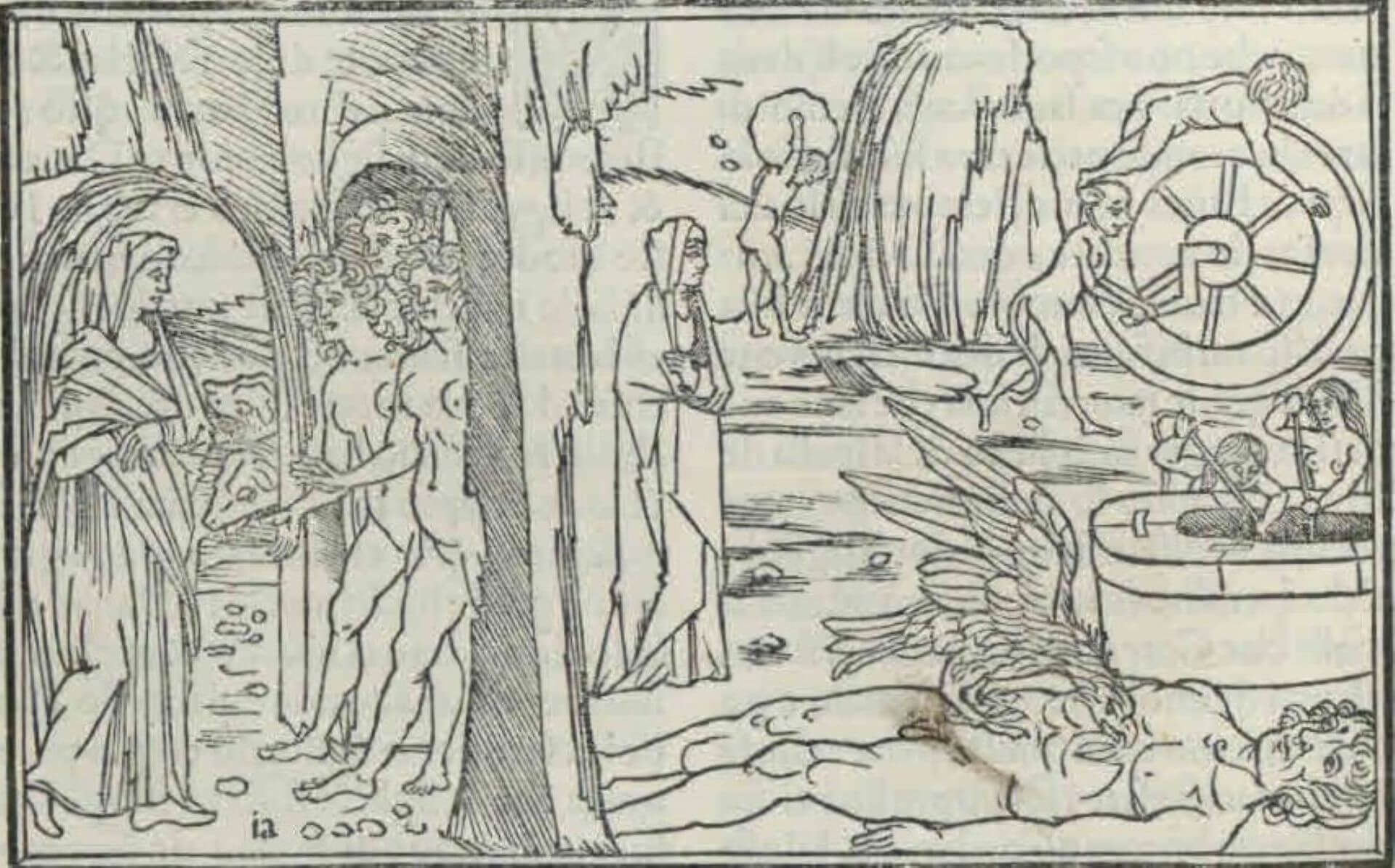 在1497年《變形記》版畫中，版畫家選擇描繪的場景卻是尤麗狄絲一人初入冥府與三位復仇女神見面，害怕無助地在地獄中看著眾惡人受刑的畫面。（Public Domain）