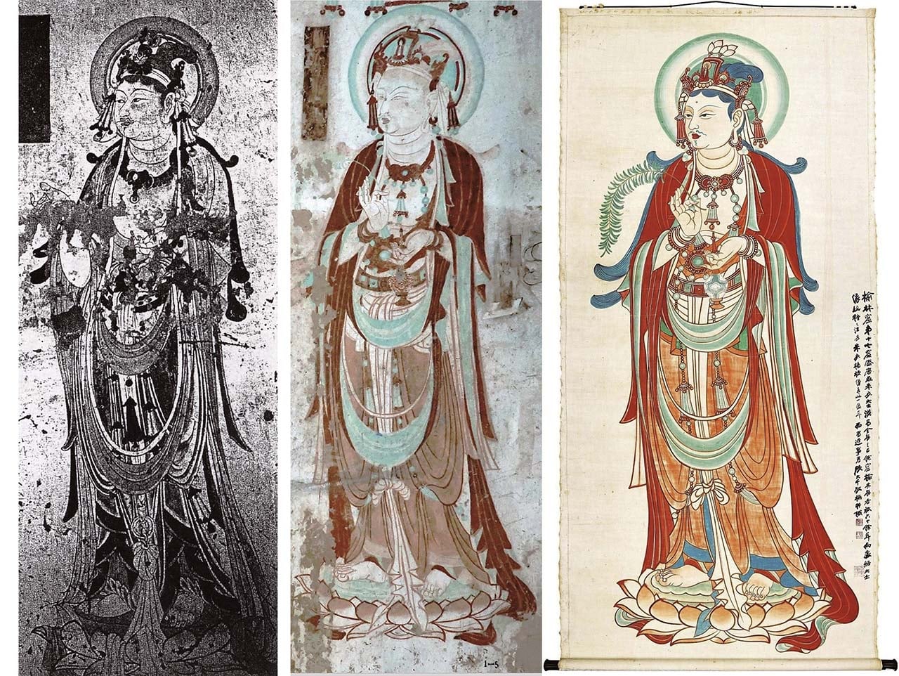 〈楊枝朱衣大士〉（右）為1998年臺北故宮舉辦張大千百年紀念大展中的名件，向來根據張大千自題，認為圖像出自榆林窟第25窟（左）。瞿朝禎發現應出自敦煌199窟主室南壁（中），包括朱衣、持柳、以及服飾細節幾乎完全吻合，證實張大千於1980年代的…