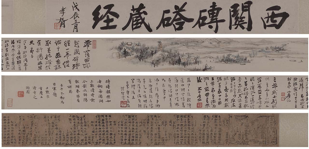 張大千1939作，贈張目寒之〈雷峰夕照圖卷〉，2016中國嘉德秋拍。民國十三年（1924），軍閥孫傳芳進駐杭州當天，杭州西湖畔雷峰塔突然倒下，引發民國藝文界複雜情感，在中文學界已有眾多論述。葉康寧從「塔圖」的角度，研究畫家們如何在紙上重建，…