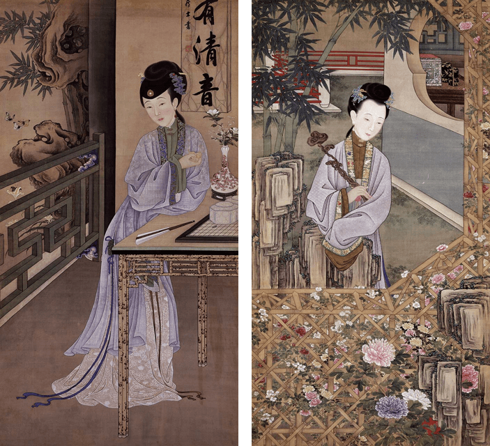 清〈胤禛美人圖〉其中兩屏，絹本設色，184×98公分，畫中女子頭戴簪飾，種類多樣，此圖為雍正年間所繪，與《後宮甄嬛傳》戲劇設定背景相同，北京故宮博物院藏。