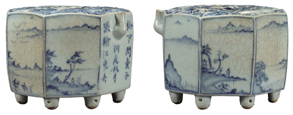 圖7 朝鮮19世紀〈青花瀟湘八景紋八角硯滴〉繪「松下問童子」，高12.6公分，韓國國立中央博物館藏。