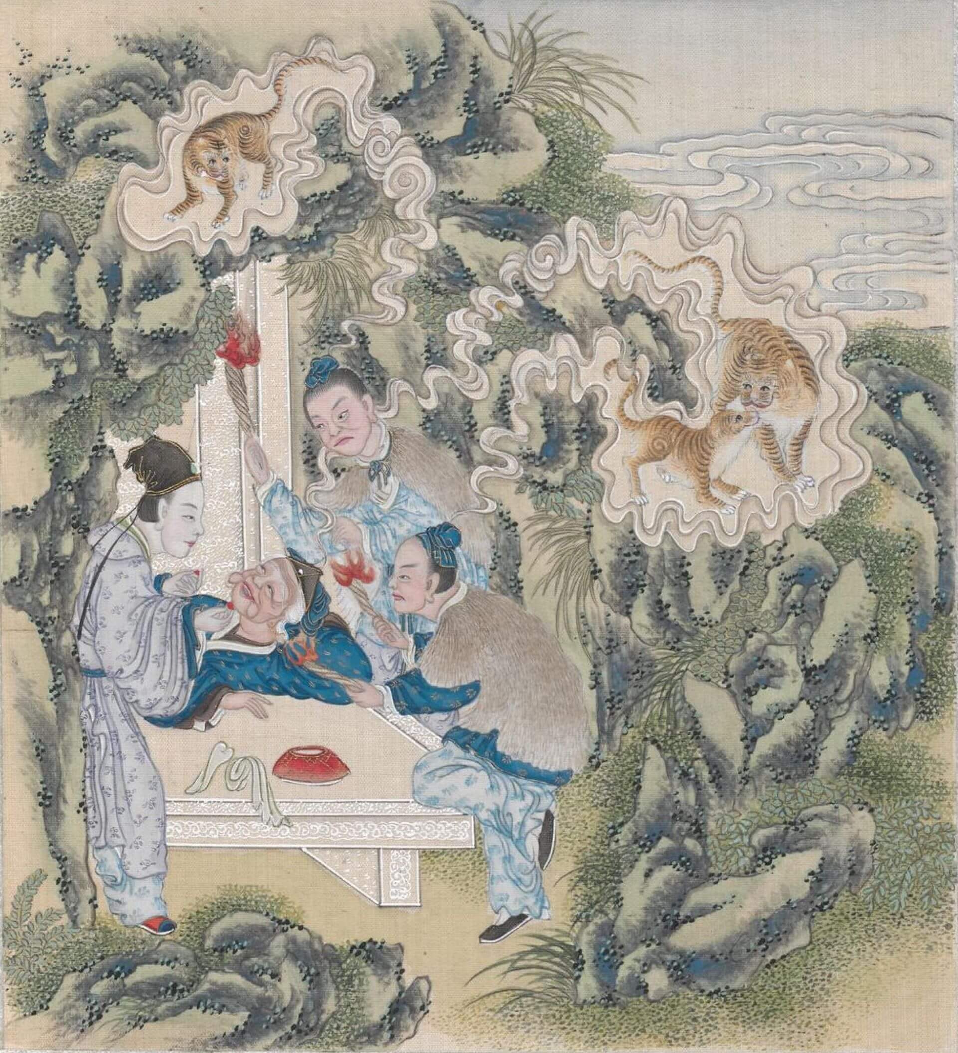 壯漢及老婦為母子關係，皆為老虎化形。清代繪本《聊齋全圖》第63冊，〈二班〉，奧地利國家圖書館藏。（Public Domain）