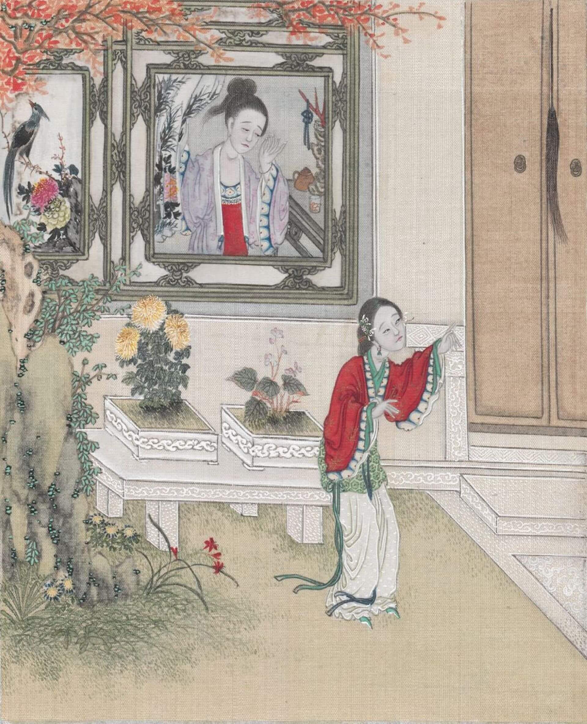 王生妻子透過窗，看見鬼怪披著美人皮在掛著拂子的房門口徘迴。清代繪本《聊齋全圖》第8冊，〈畫皮〉，奧地利國家圖書館藏。（Public Domain）