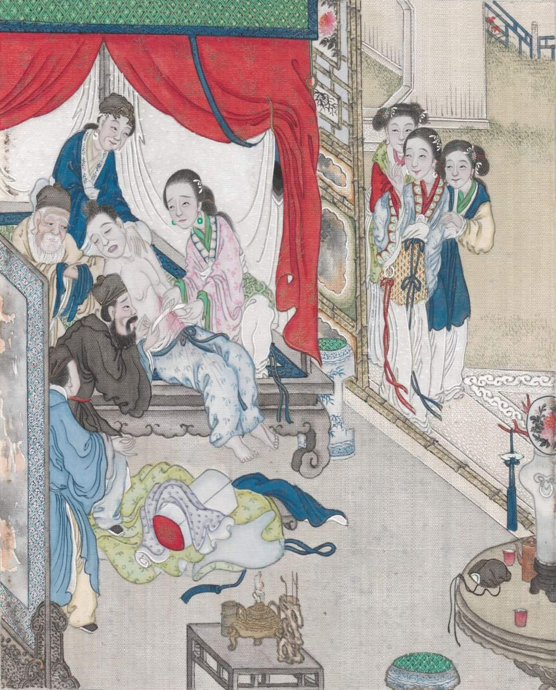 王生在其妻子不懈的求助下，重新獲得一顆由乞丐「痰唾」結成的心臟，放回胸口後，死而復生。清代繪本《聊齋全圖》第8冊，〈畫皮〉，奧地利國家圖書館藏。（Public Domain）