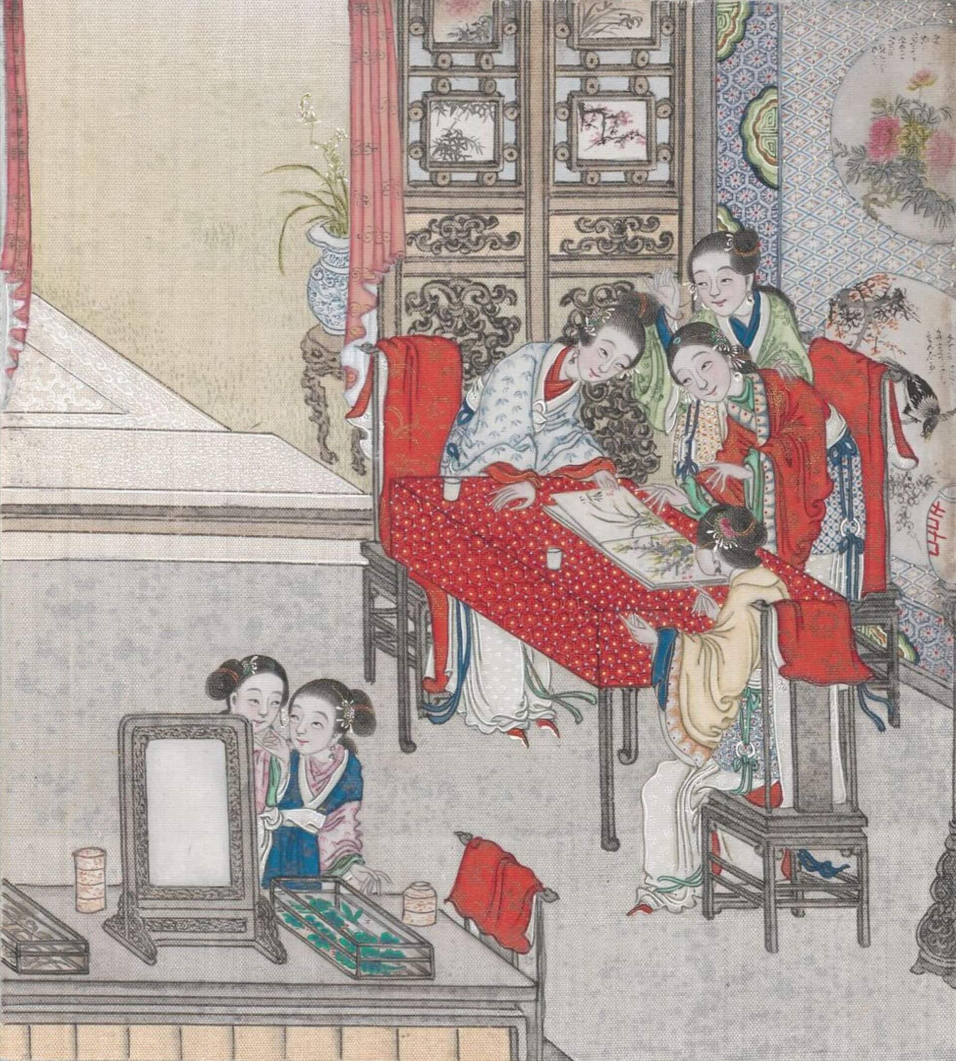 兩人結婚後，小倩喜畫蘭花圖送給親友，看起來與常人無異，女眷親友們甚至覺得她貌如仙人。清代繪本《聊齋全圖》第11冊，〈聶小倩〉，奧地利國家圖書館藏。（Public Domain）