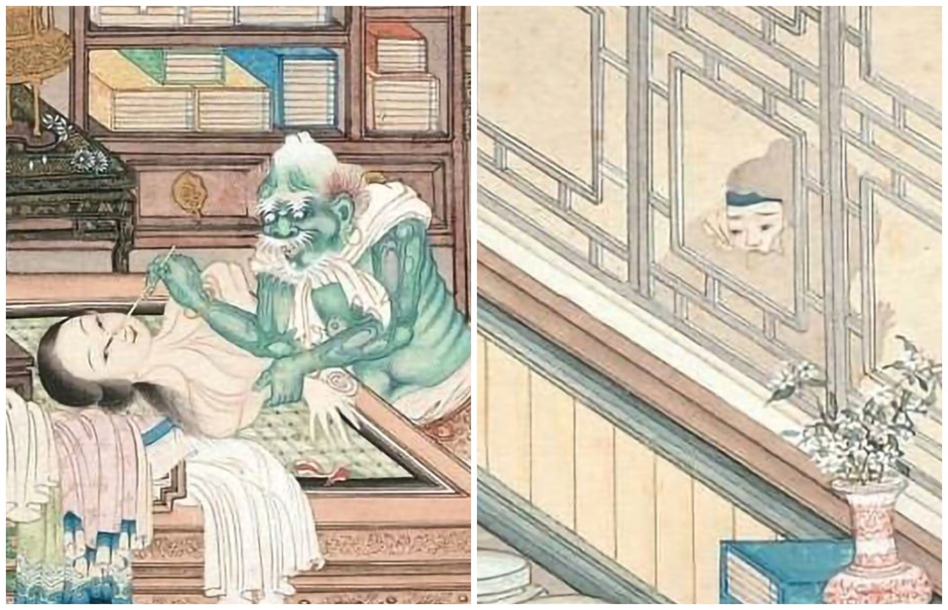 清代繪本《聊齋圖說》〈畫皮．窺窗見鬼〉局部，中國國家博物館藏。（Public Domain）