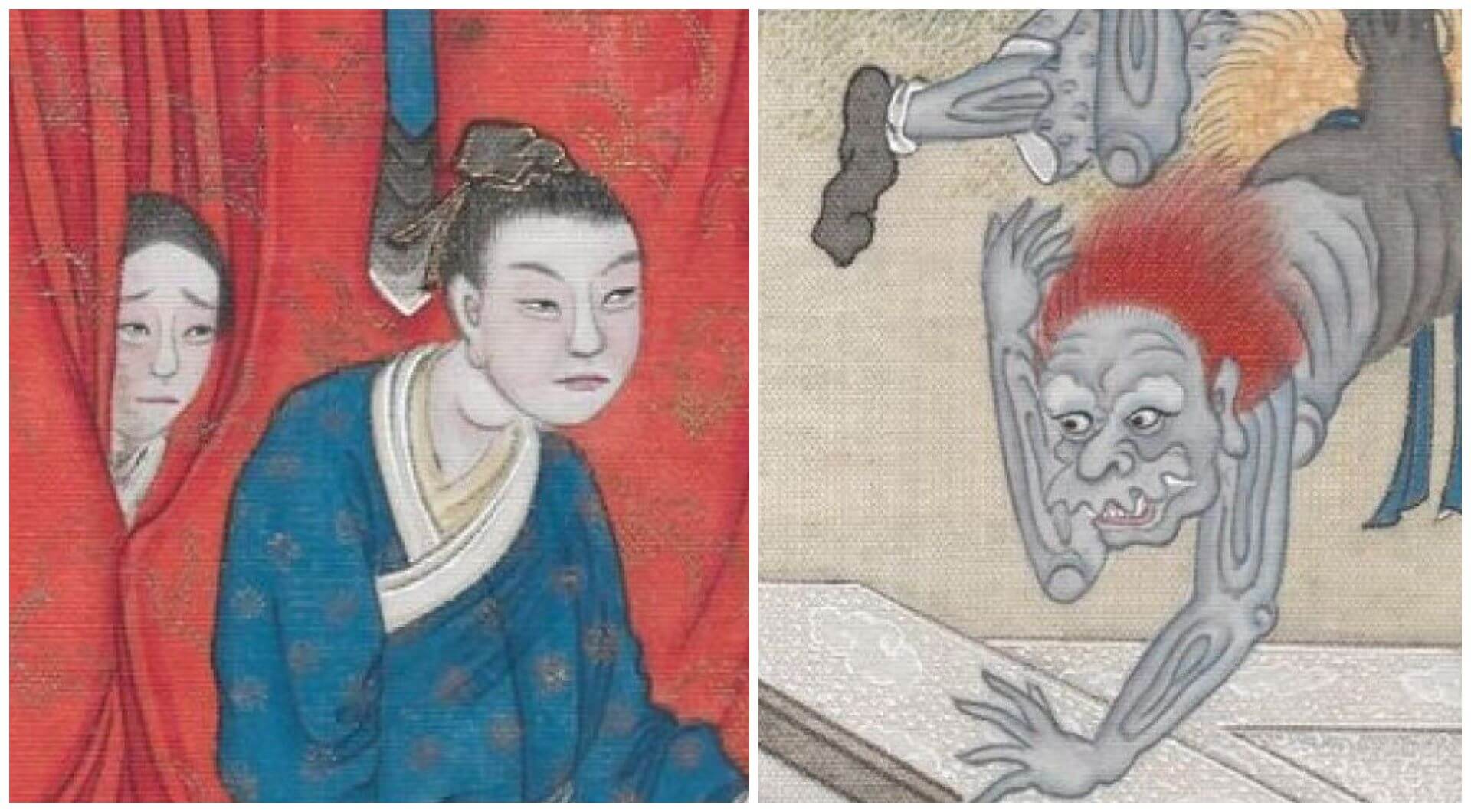 夜晚妖怪來襲，小倩嚇得躲到了夾幕裏。清代繪本《聊齋全圖》第11冊，〈聶小倩〉局部，奧地利國家圖書館藏。（Public Domain）