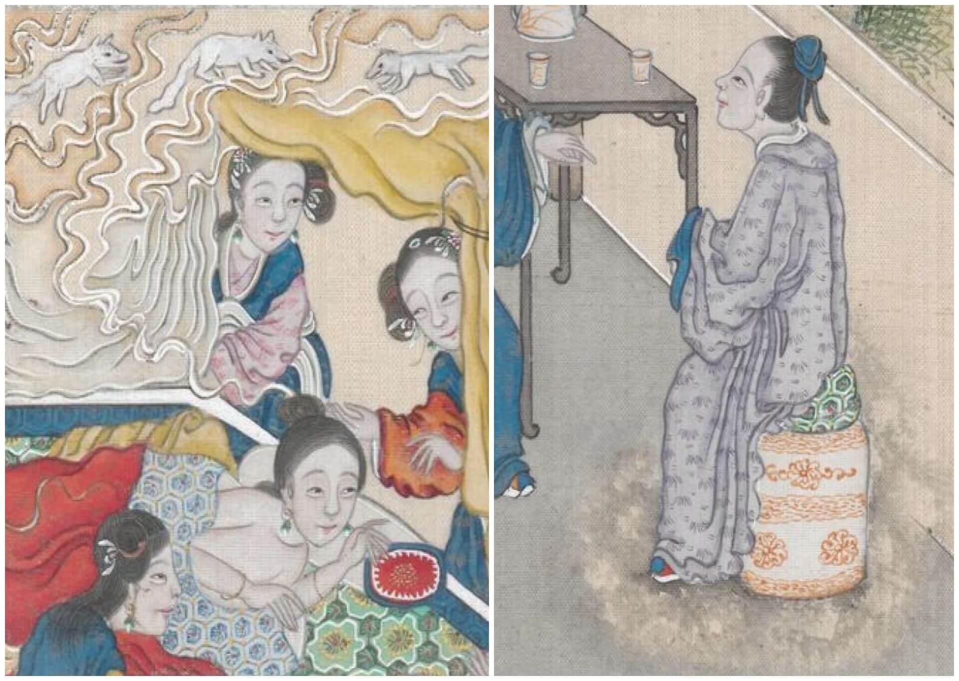 靠窗少年鬼的椅子下鋪墊了一層濃霧。房內躺在紗帳裡精神萎靡的狐妖少女紅亭，看到醫生來了很高興，周圍丫鬟也皆為狐妖所化。清代繪本《聊齋全圖》第53冊，〈長亭〉局部，奧地利國家圖書館藏。（Public Domain）