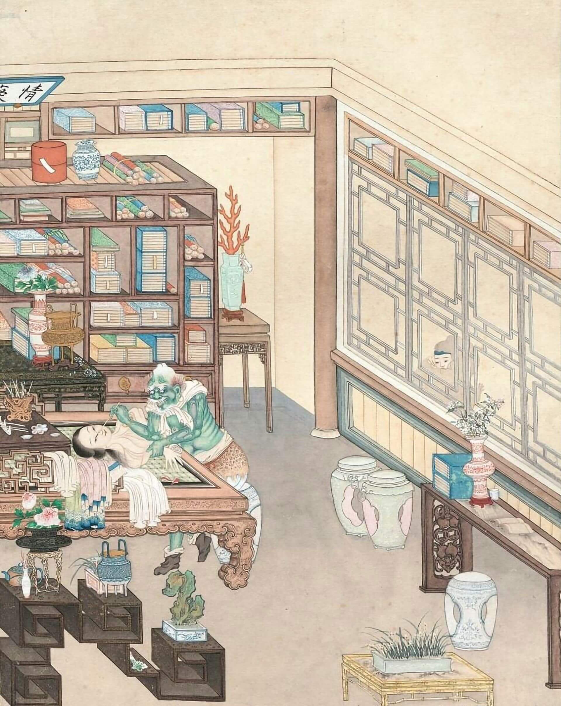 清代繪本《聊齋圖說》〈畫皮．窺窗見鬼〉，中國國家博物館藏。（Public Domain）