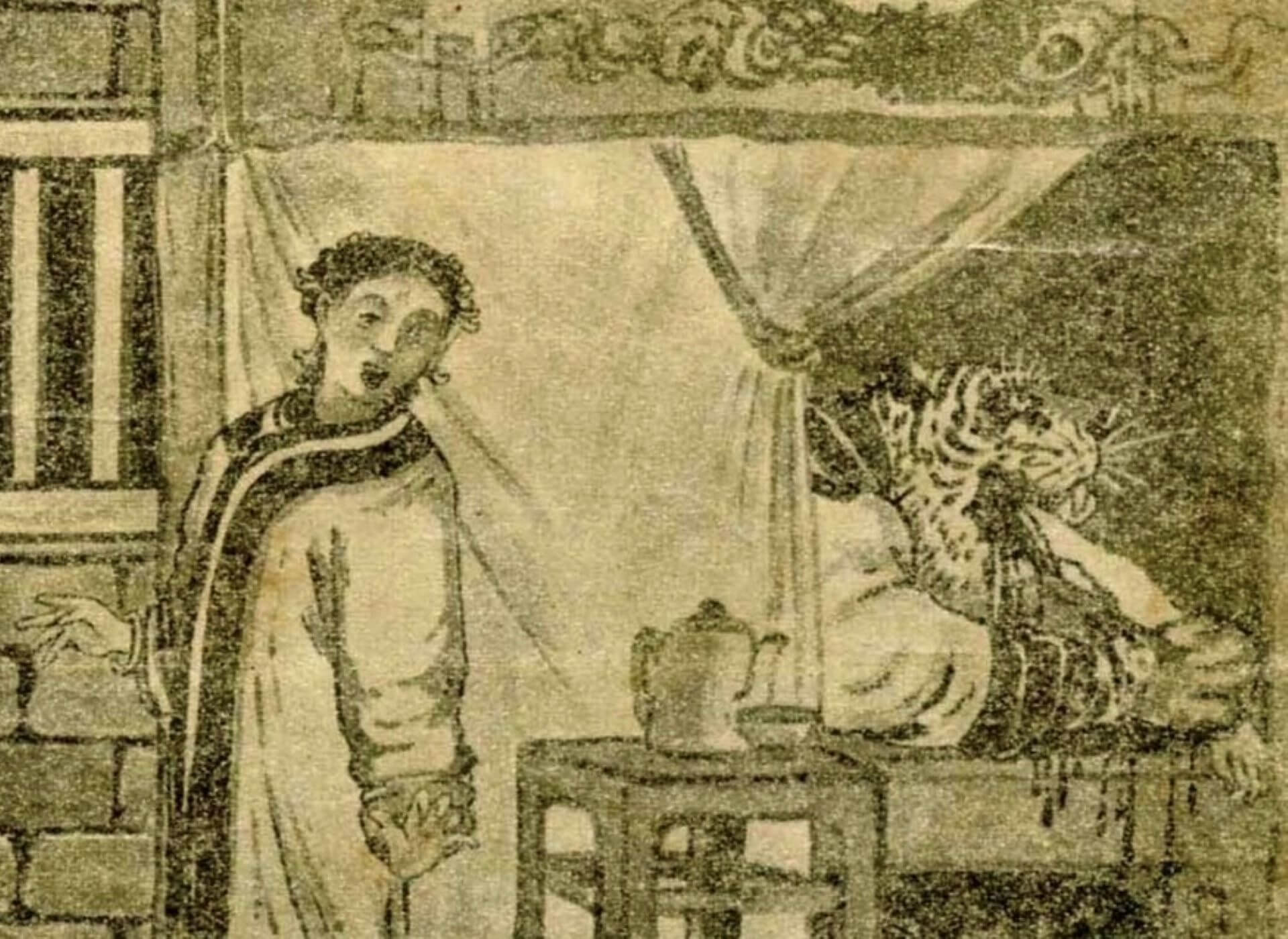 宮本萬輔的虎姑婆故事插畫。宮本萬輔，號魚僊，1901年來臺，擔任《臺灣日日新報》記者，擅長水彩、日本畫、攝影，1926年因飛機事故身亡。（宇井英著、宮本萬輔繪，《臺灣昔噺》，臺北：臺灣日日新報社，1915）