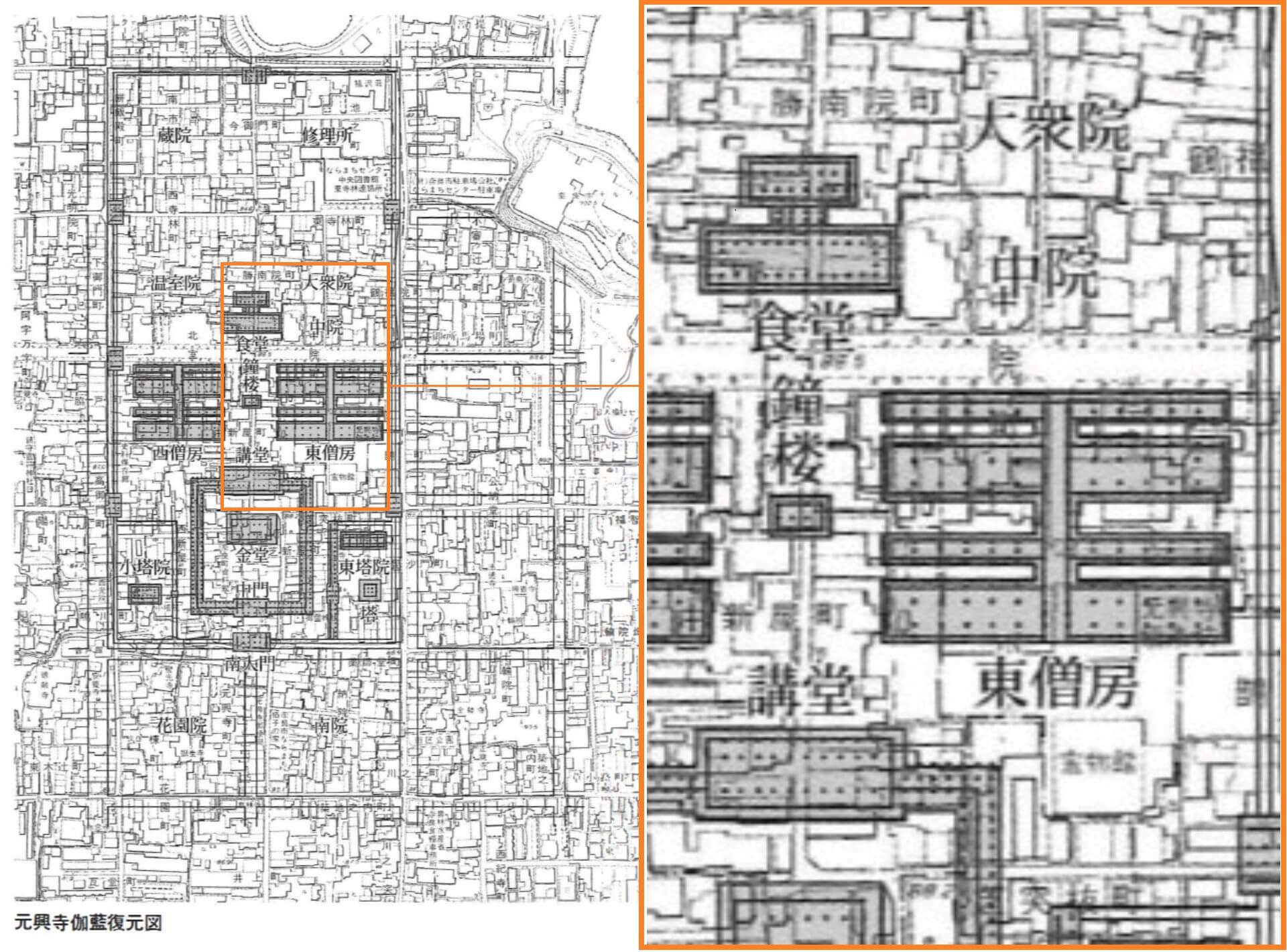 古代元興寺伽藍復原圖。極樂坊於1244年進行大規模的修建，成為現在所看到的模樣，正式名稱為「極樂堂本堂」，現為世界文化遺產。（圖片源自：元興寺文化財研究所編，《図説元興寺の歴史と文化財 一三〇〇年の法灯と信仰》，吉川弘文館，2020，頁45…