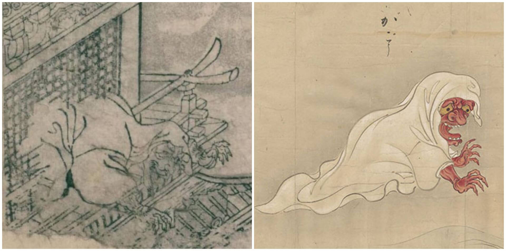 左：鳥山石燕，《畫圖百鬼夜行 前篇風》〈元興寺〉局部。（©國立國會圖書館）右：《化物盡繪》局部，江戶時期，Harold B. Lee Library藏。（© 2024 Brigham Young University）