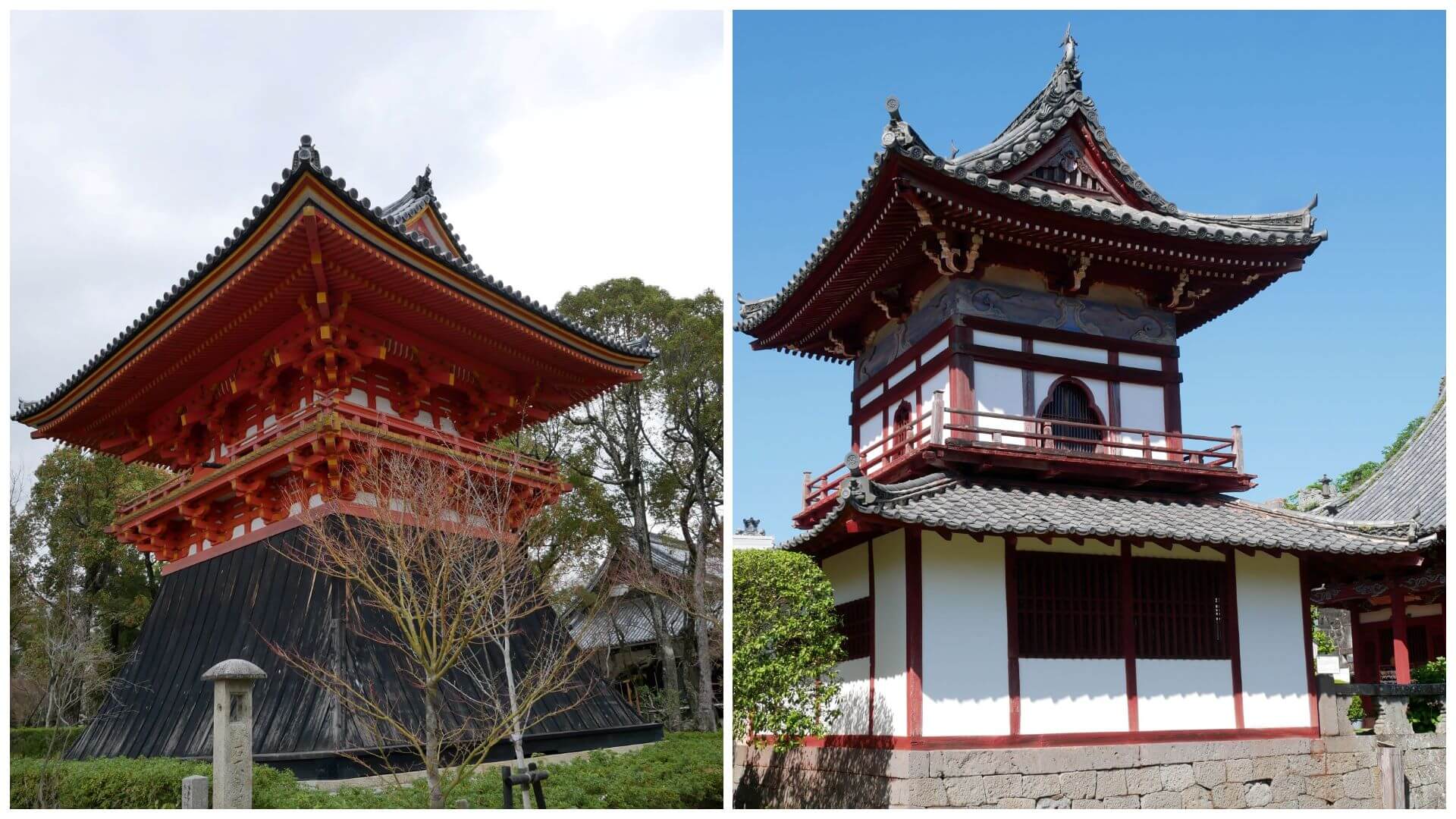 左：江戶時期仁和寺鐘樓，為日本常見的二層鐘樓建築造型，二樓欄杆平座下方，呈梯字型底座外觀。（攝影／詹佩瑜）右：江戶時期黃檗宗興福寺鐘樓，為日本少見具有兩層屋頂的鐘樓造型，僅出現在黃檗宗寺廟。（攝影／詹佩瑜）
