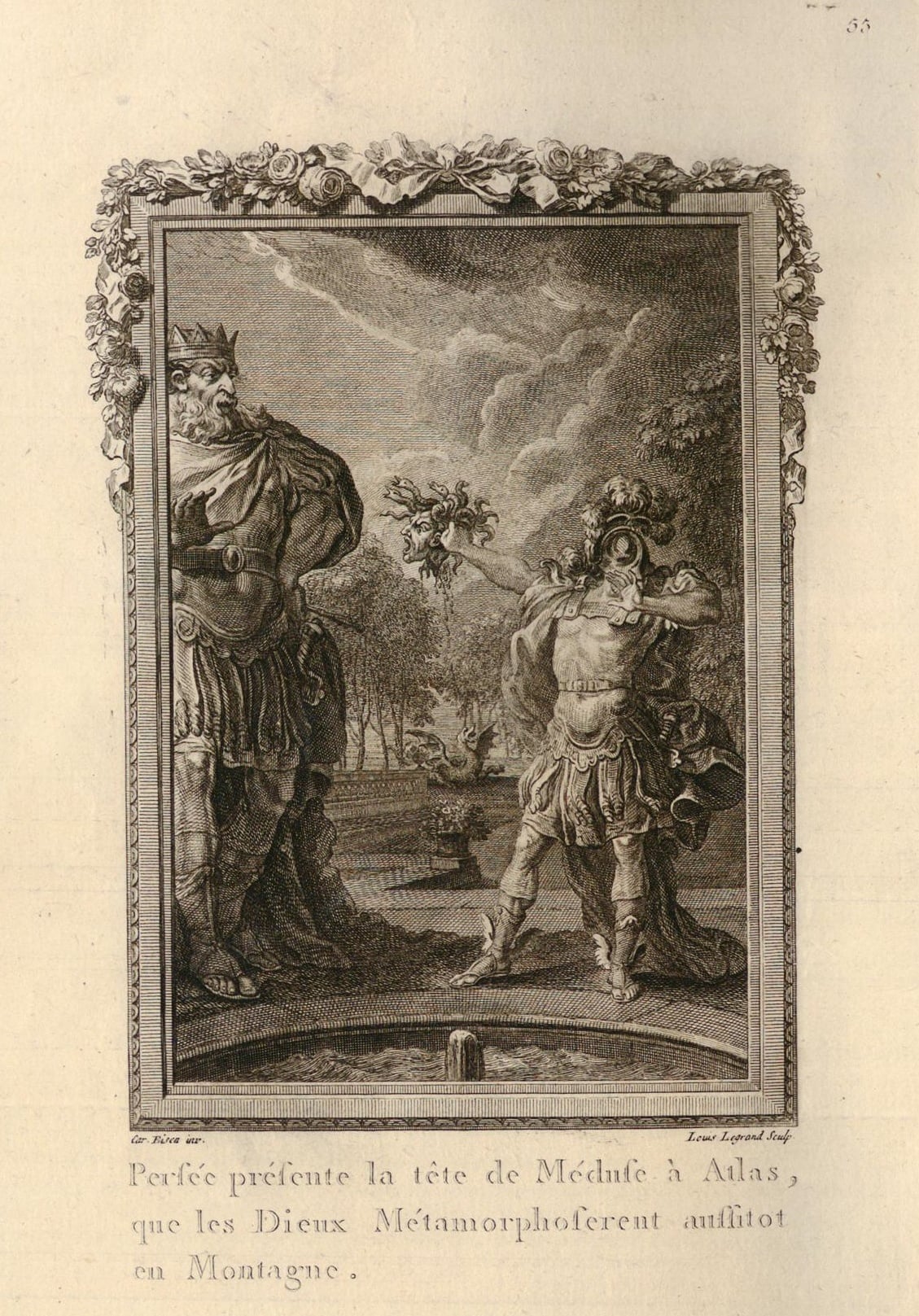 法國藝術家路易斯．羅格朗（Louis Legrand, 1723-1807）為1767年出版的《變形記》製作插圖，此為珀爾修斯用恐怖的梅杜莎頭顱將阿特拉斯國王石化。（Public domain）
