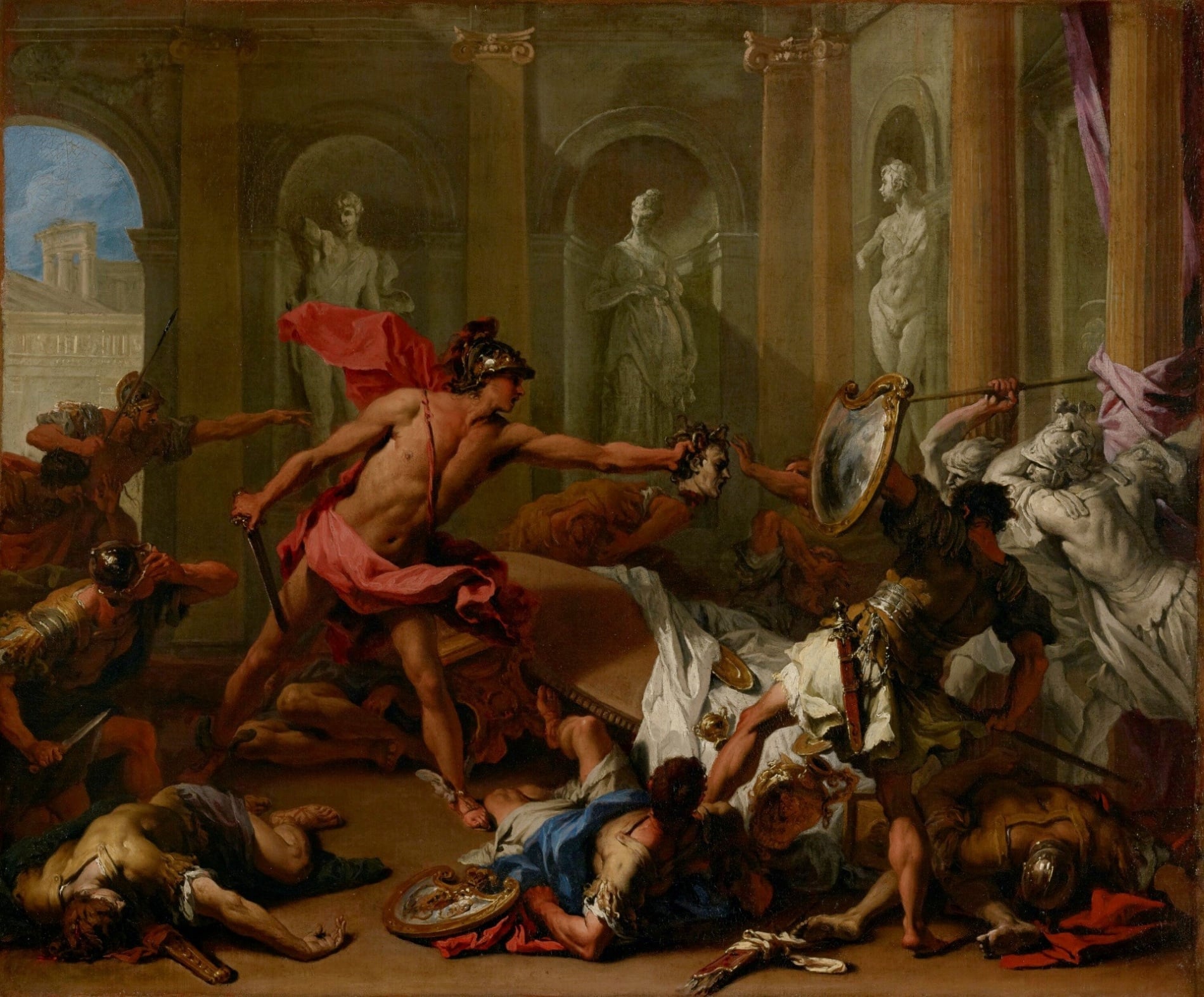 義大利畫家Sebastiano Ricci（1659-1734），《珀爾修斯以梅杜莎頭顱對抗菲紐斯》（Perseus Confronting Phineus with the Head of Medusa），油彩畫布，64.1×77.2 c…