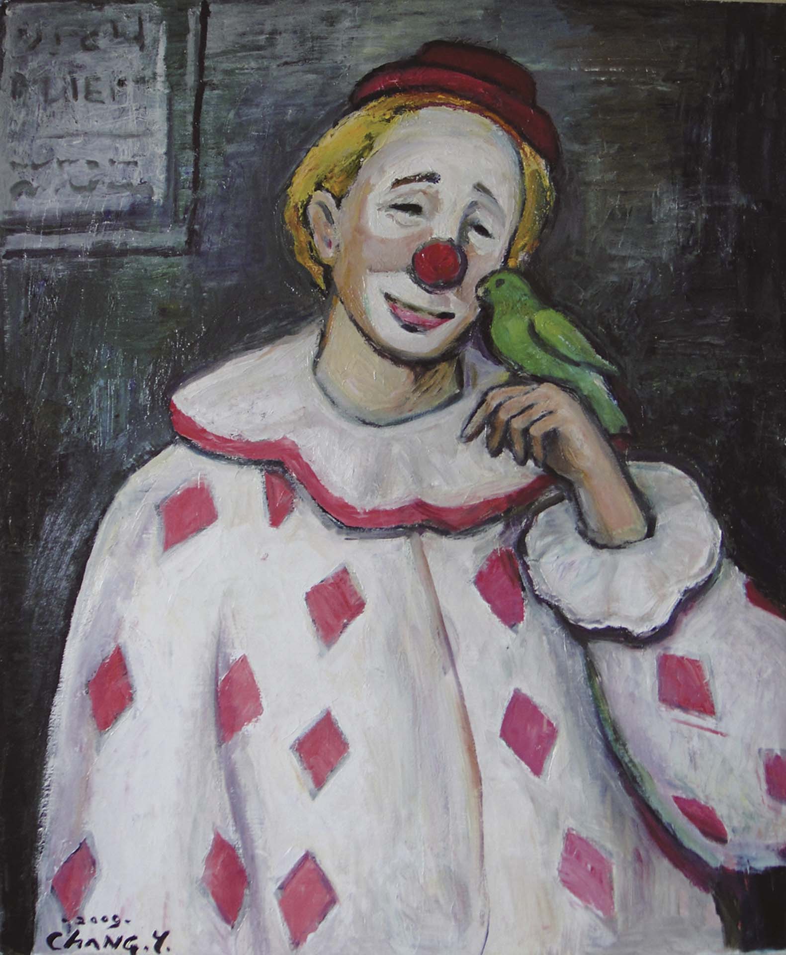 張義雄，《小丑》，油彩、畫布，72.7×60.6 cm，2009。喜歡與小動物為伍的張義雄將自己飼養的綠色鸚鵡入畫，作為陪伴小丑的慰藉。2013年國立臺灣美術館「生命的禮拜天：張義雄百歲回顧展」參展作品。（藏家提供）