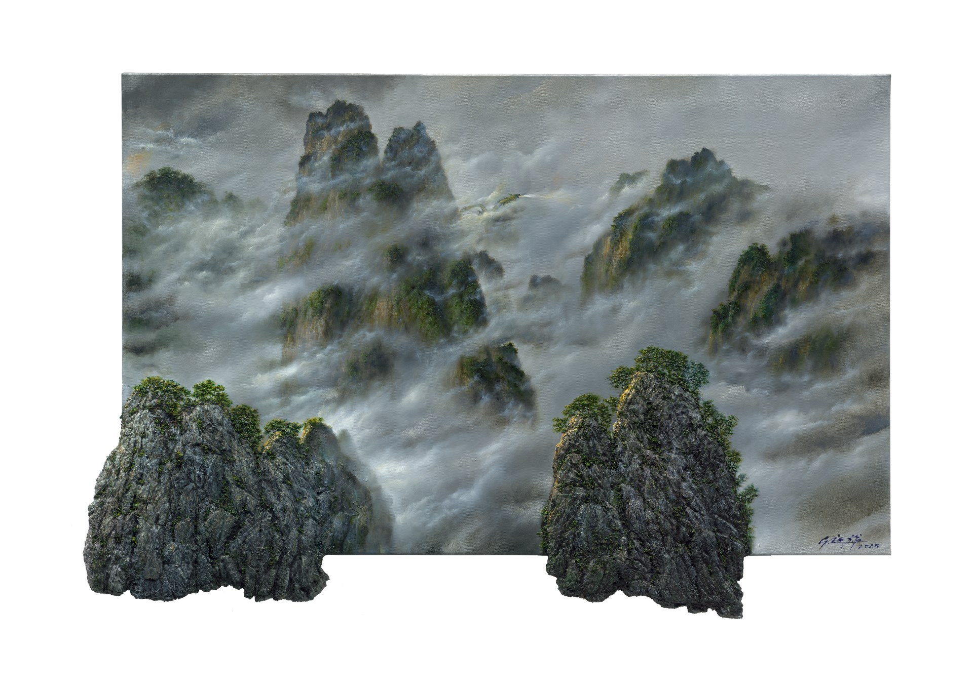 邱進雄透過外在實際的風景體驗，結合內心的心靈景象，創造出畫面中的山水雲霧。圖為邱進雄的《雲的故鄉》。（國立新竹生活美學館提供）