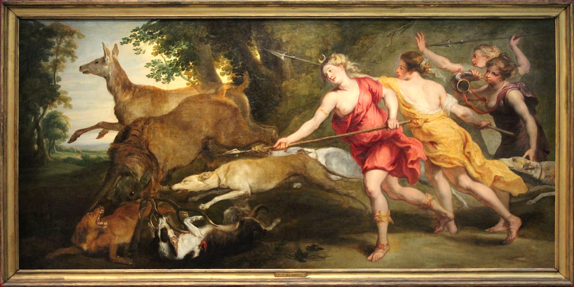 魯本斯(Pierre Paul Rubens),《女獵手狄安娜與寧芙》(Diane chasseresse et ses nymphes),1637年由西班牙菲利普四世委託繪製,現收藏於馬德里,作品圖片為2013年羅浮宮朗斯分館(Musée…