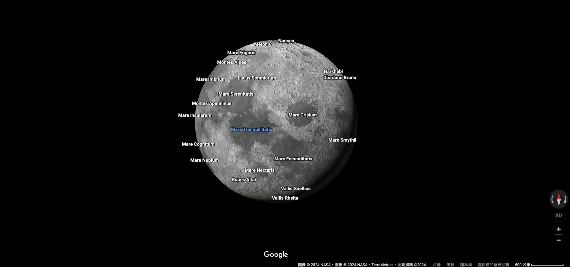 月球衛星圖像電子地圖(Google Moon)呈現3D的虛擬月球模型,上面標示出各種月球的地貌種類、命名和面積,圖示中以藍色字體標註的Mare Tranquillitatis,為阿姆斯壯與艾德林首登陸月球的基地,他們將其命名為「寧靜海」,而…