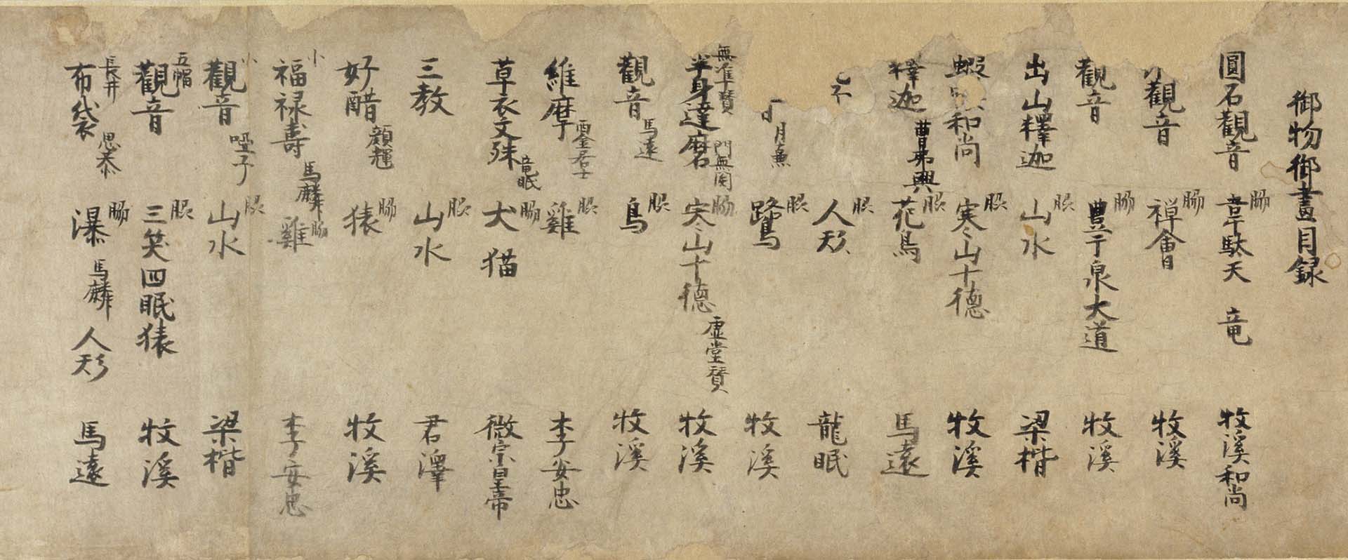 室町時代〈御物御畫目錄〉局部，17.7×280.2公分，東京國立博物館藏。圖取自ColBase。