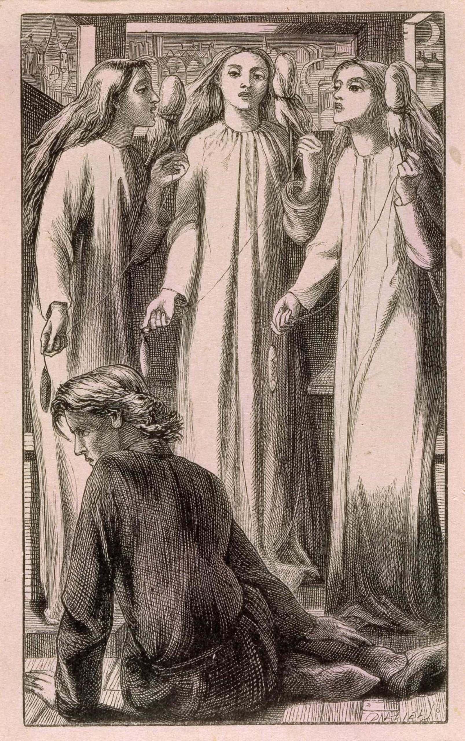 三個神秘的白衣女子總在夜裡出現，她們不與人對話，只是一邊歌唱一邊紡紗。羅賽蒂（Dante Gabriel Rossetti）〈精靈池女子〉（The Maids of Elfen-Mere），1855，泰德美術館藏。（©泰德美術館）