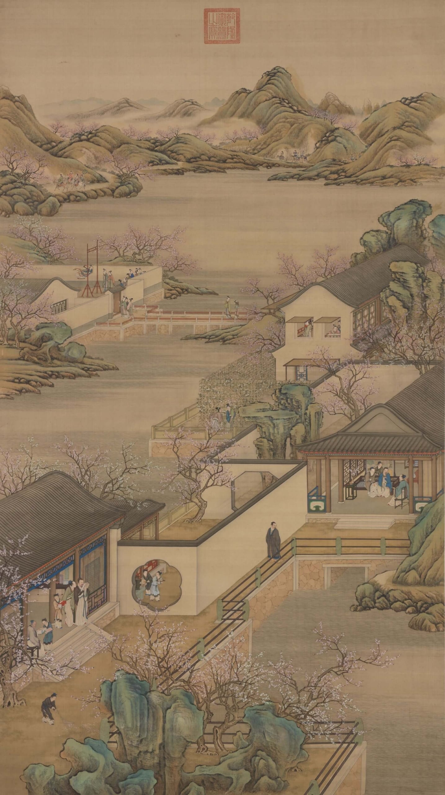畫中白牆側的男子於花園中漫步。國寶 清畫院《畫十二月月令圖》二月，絹本設色，175×97公分，國立故宮博物院藏。（©國立故宮博物院）